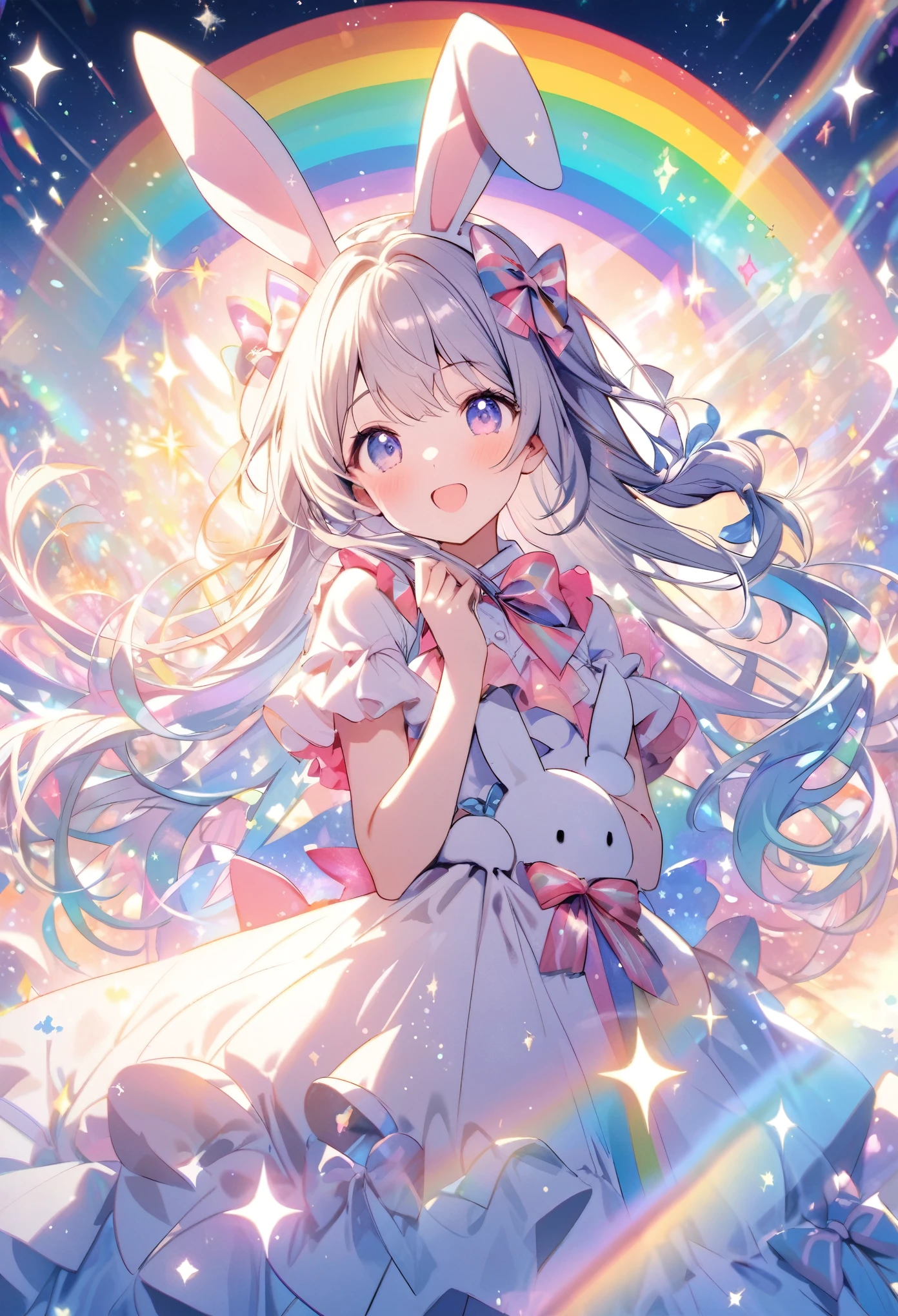 “A character with bunny ears and long hair tied with bows, surrounded by a magical rainbow and sparkles, set against a bright and glowing fantastical backdrop.”