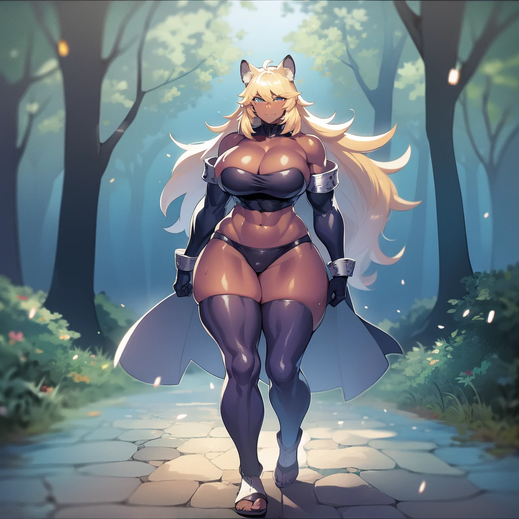 Muscle girl, dark-skinned woman, big thick chest, big thick buttocks, big thick thighs, happy,, big coat jacket, thick pants, portrait, 1character, full body, walking, long thick dress, medieval, village, farm, forest,flipflops,blond hair,, leopard thick cloths