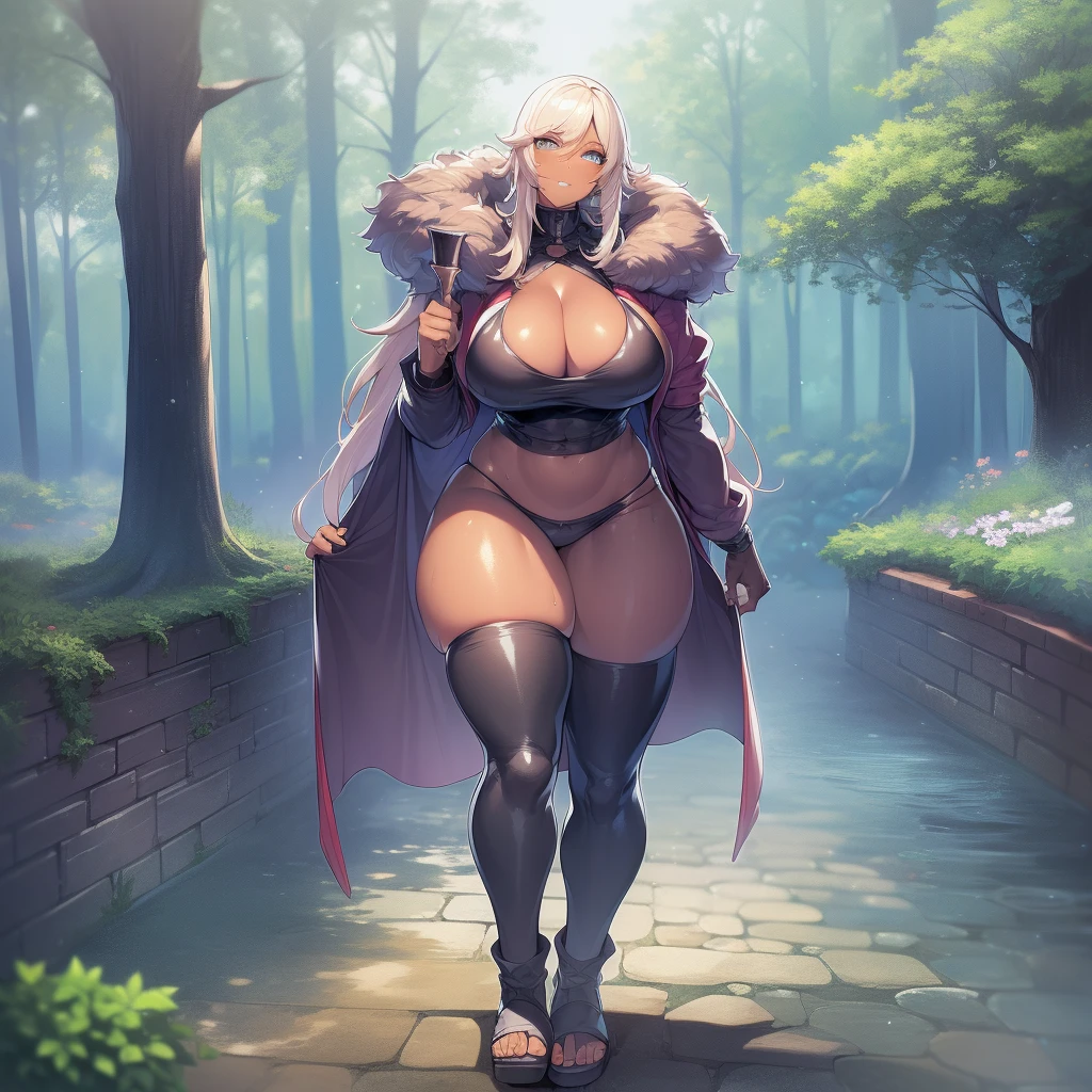 Muscle girl, dark-skinned woman, big thick chest, big thick buttocks, big thick thighs, happy,, big coat jacket, thick pants, portrait, 1character, full body, walking, long thick dress, medieval, village, farm, forest,flipflops,blond hair,, leopard thick cloths