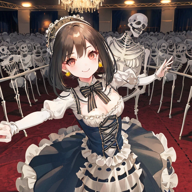 A girl wearing Victoria vintage dress with a lovely smile and dancing with a skeleton in a ballroom