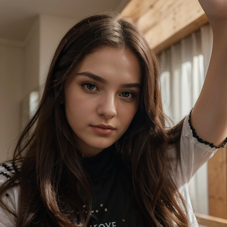 Close-up selfie of a 21-year-old Ukrainian woman with long hair, (top quality, 8K, 32 k, Meisterwerk, UHD:1.2), (the whole body) (Eine hyperrealistische), , (High resolution), (8K), (Eine sehr detaillierte), (Lovely, detaillierte Augen), (top quality), (sehr detailiert), (Meisterwerk), (detailliertes Gesicht)