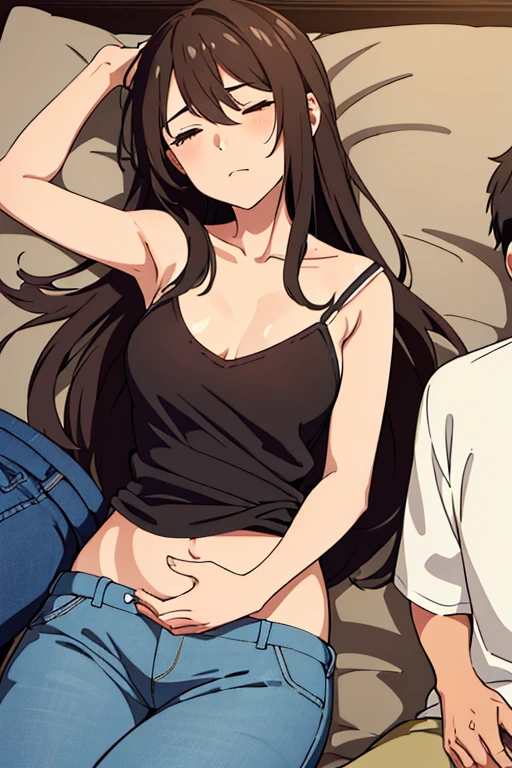 (couple),((best quality)), ((masterpiece)), (detailed), brown skin anime girl in a deep V-neck cami top, (jeans trousers), the girl famished in hunger, (gently resting hands on stomach), (long hair), (hands on her stomach), a boy sleeping on the girl's belly, (boy wearing a shirt and trousers), (the boy is resting his head on the girl's tummy), (boy's head on laid on the girl's stomach), (the boy resting his head on the girl's abdomen)