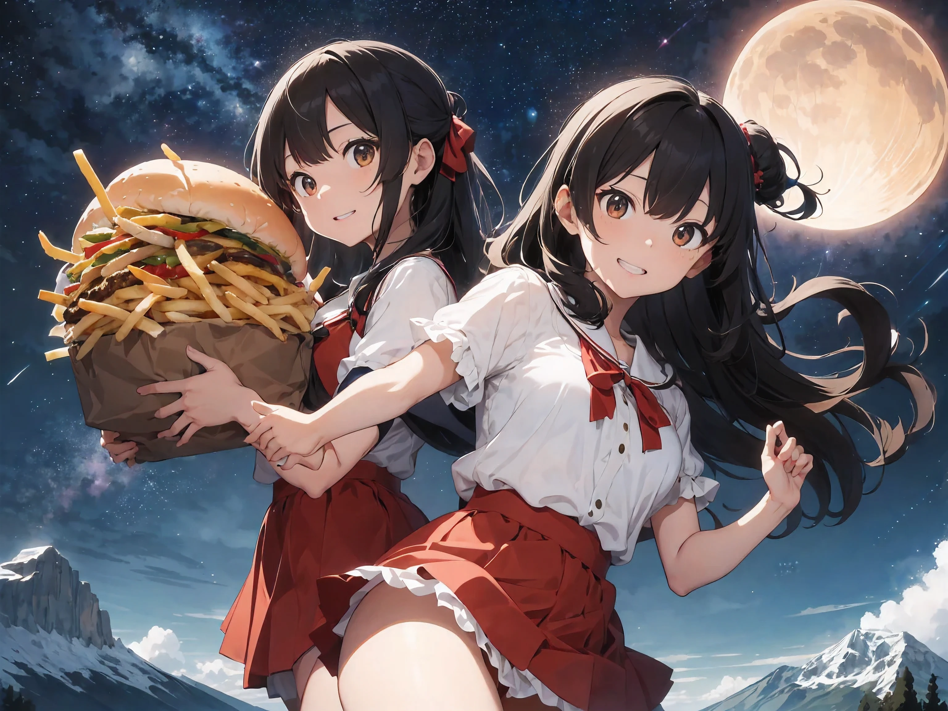 Black-haired soft-boobed girl eating a huge extra large cheeseburger、Extra large cheeseburger、french fries、All-you-can-eat cheeseburgers、White frilled blouse and red flared skirt、Mountain peak, night sky and starry sky