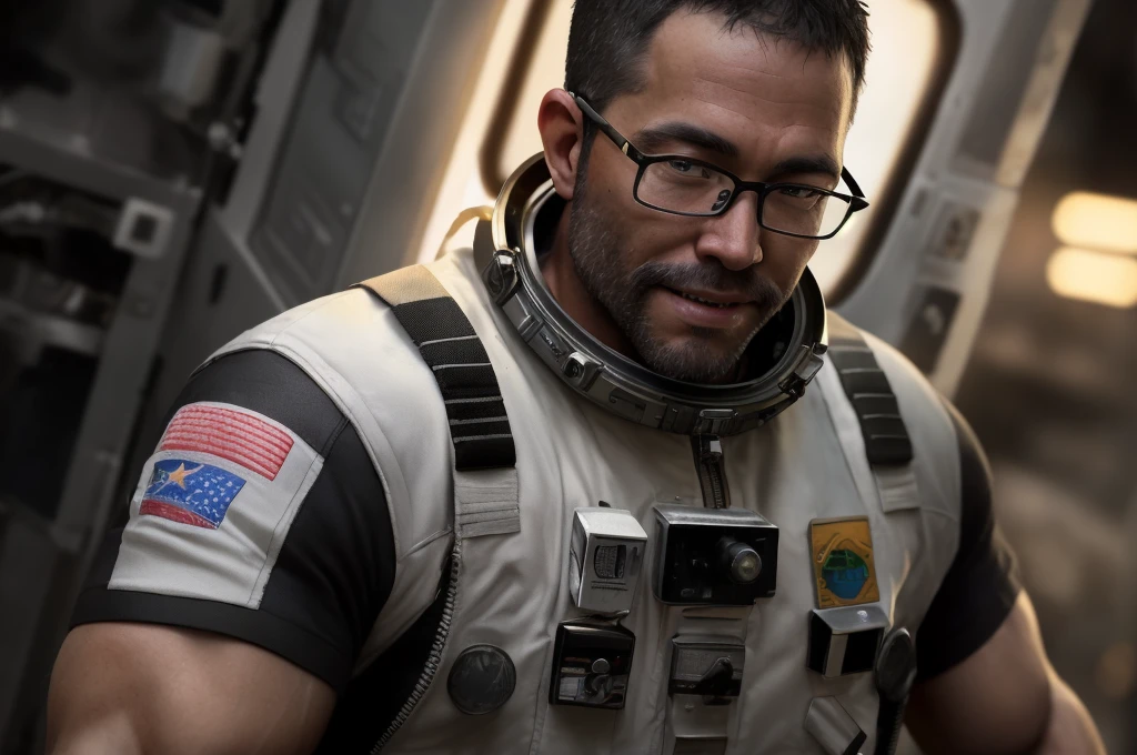 An award-winning original photo，A wild muscular man, (40 years old daddy:1.1), 1boy, Solo, (astronaut), (in the space), (big shoulders), musculature, stubbles, Short beard, Beautiful eyes:1.3, ), (Detailed face:1.3), wearing glasses, smiles, Dynamic Angle, volumetric lighting, (Best quality, A high resolution, Photorealistic), Cinematic lighting, Masterpiece, RAW photo, Intricate details, hdr, depth of field, upper body shot, George Pei, Chris Redfield, 