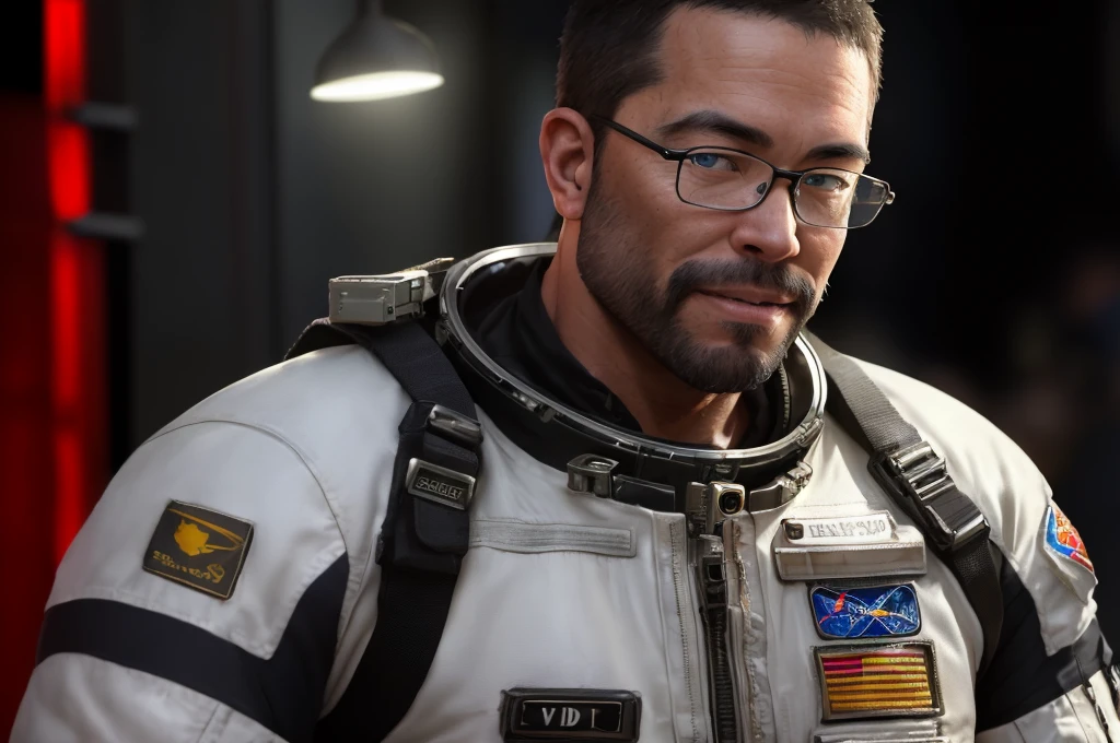 An award-winning original photo,A wild muscular man, (40 years old daddy:1.1), 1boy, Solo, (astronaut), (in the space), (big shoulders), musculature, stubbles, Short beard, Beautiful eyes:1.3, ), (Detailed face:1.3), wearing glasses, smiles, Dynamic Angle, volumetric lighting, (Best quality, A high resolution, Photorealistic), Cinematic lighting, Masterpiece, RAW photo, Intricate details, hdr, depth of field, upper body shot, George Pei, Chris Redfield,