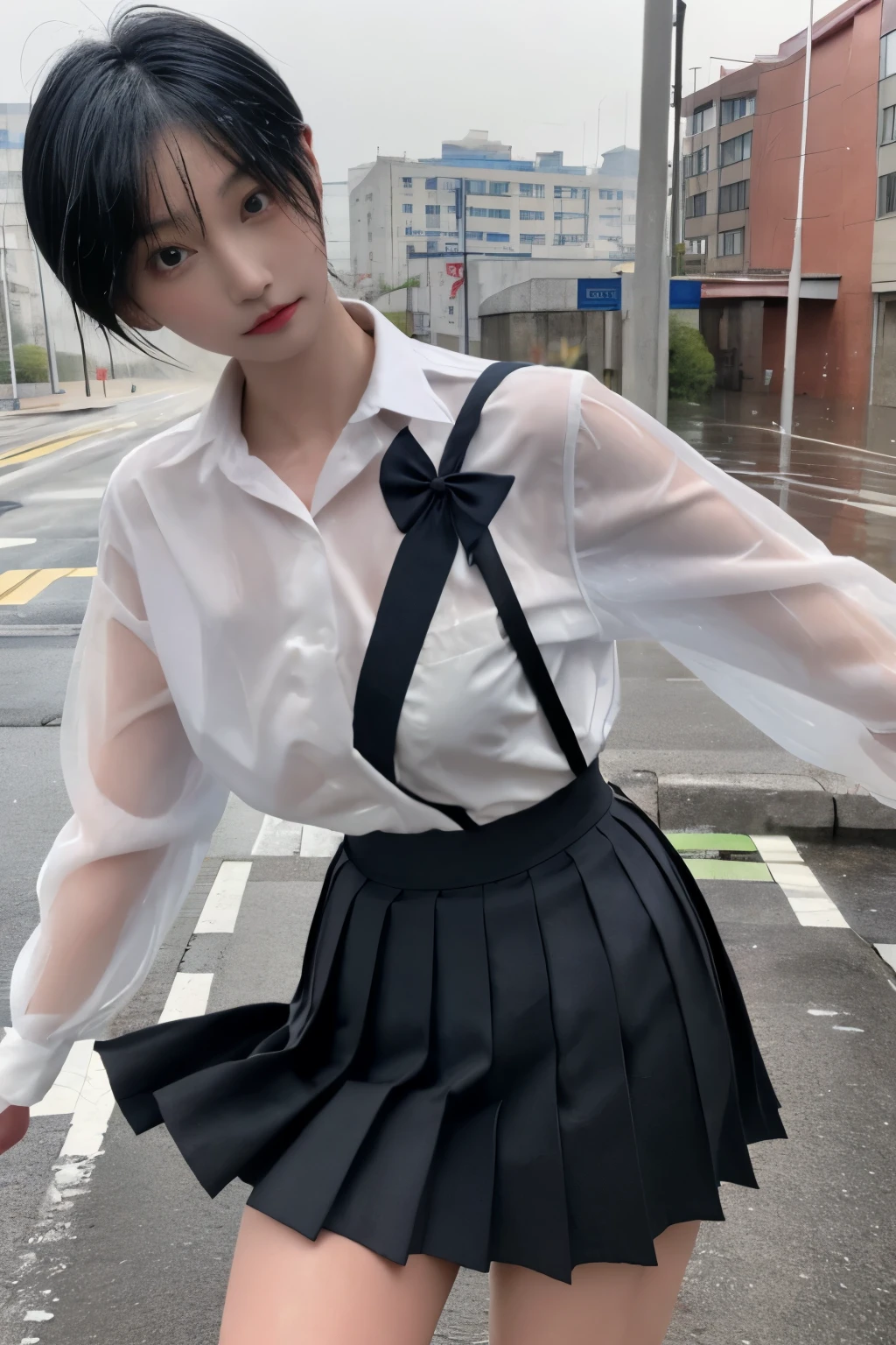 Masterpiece、highest quality、Woman 1、Long-limbed woman、Photo realistic、Super detailed、Gravure idol Black Hair、short hair、Straight Hair、Hair gets wet Japanese school girl uniform、Pleated skirt、Long skirt、【see through】【show off nipples under white shirt】 Rainy city、Flooded city、Right in the middle of the city