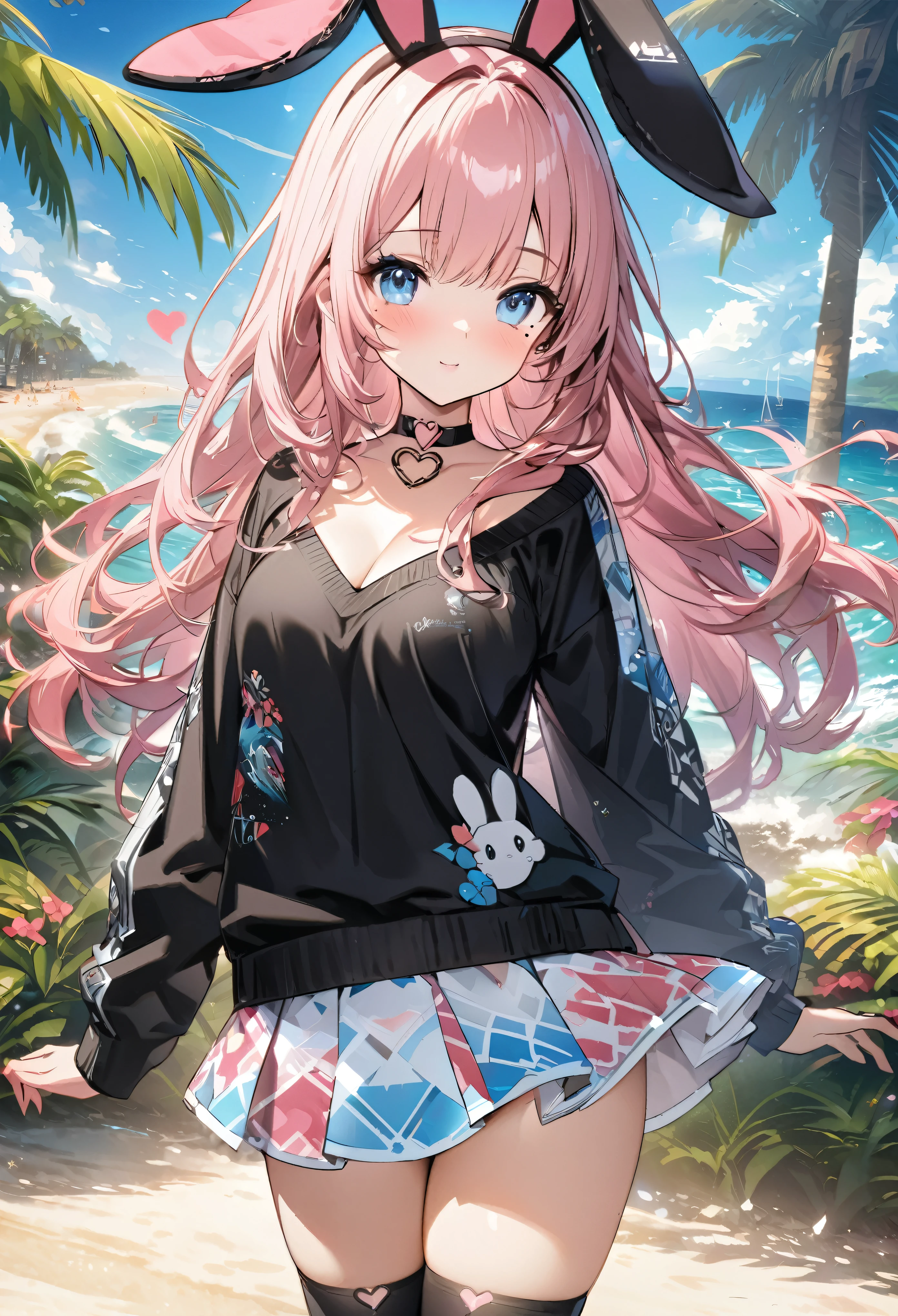 Black jumper with bunny ears、Pink patterned mini skirt、Knee-high boots、Pink long hair girl、Beautiful blue eyes anime girl、Mole under eye、Heart-shaped choker、Seaside、Palm tree、Hawaii、Standing posture、Staring at the audience、Computer Graphics Art、High resolution、highest quality、whole body、8K Character Concept、32k、Pixiv、An illustration、 Super detailed、Super detailedな顔、Megapixels、 Super detailedなHDR、clear、Overdecoration