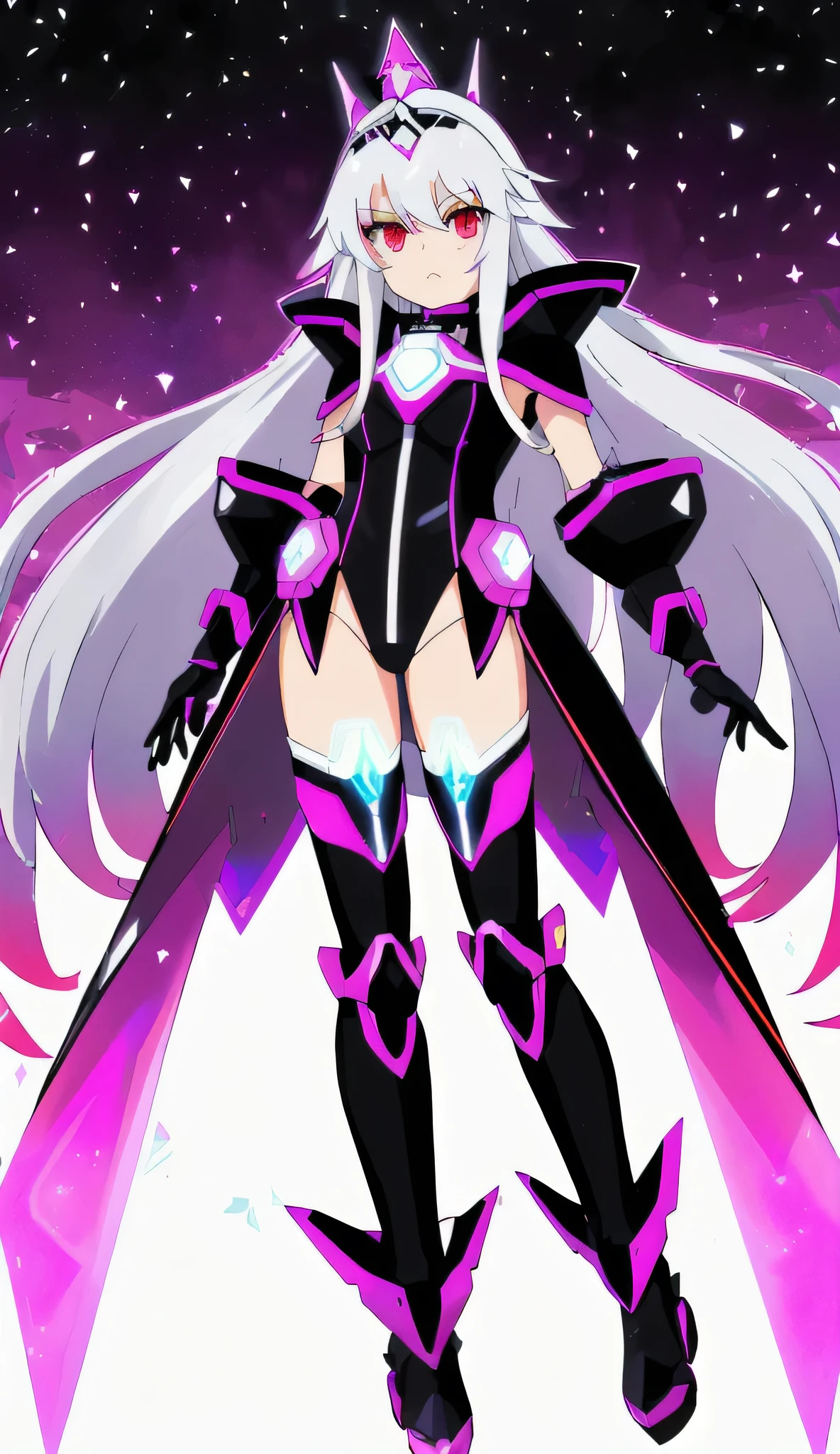 a cartoon image of a woman with long white hair and a black outfit, neon armor, sharp silver armor fuchsia skin, in opal armor, cyber universe style, cyborg goddess in cosmos, cyber fight armor, darkness aura, cyber japan style armor, anime manga robot!! anime girl, cyber japan armor, knights of zodiac girl, black magician girl