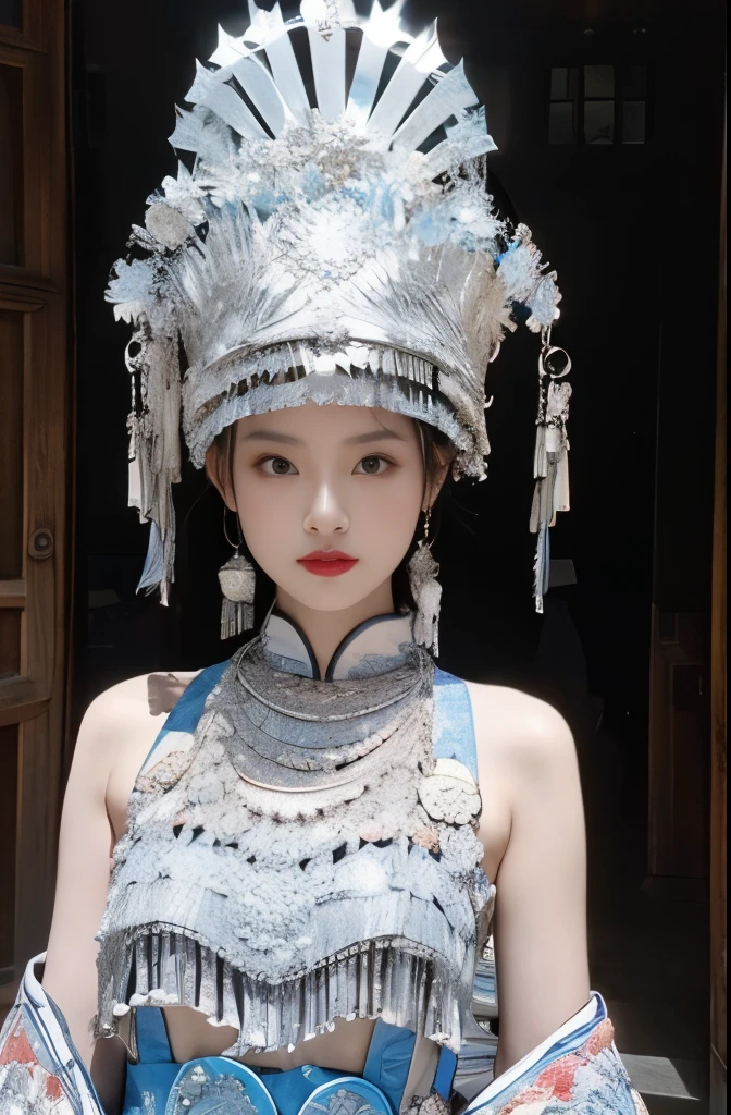 （8k，best quality，masterpiece：1.2），Ultra-high detail，Professional lighting，best quality，Ultra-high resolution，visually stunning，（1 girl：1.1），（Miao costumes and headdresses），Real human skin，（Perfect body 1.9）Super delicate face。whole body