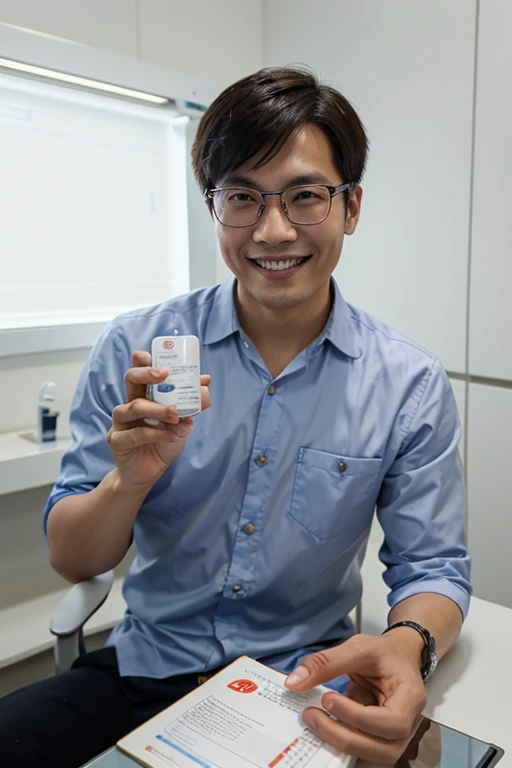A chinese male 30 years old optometrist smiling like a madman sitting in an optometry consultation room holding a a contact lens solution in his hand