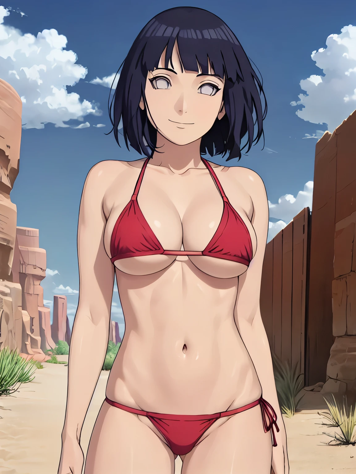 (hinata\(boruto\), (high quality, anime, tall woman, perfect hand anatomy, red bikini, off-shoulders, little biceps, long belly, super detailed body ultra detailed face, smile), ((armpit line, triceps)), ((black thong)), ((looking at the camera)), (springy medium-big breasts, cleavage), , groin lines, closed mouth), (posing for the viewer), pale skin, ((floating hair, dark blue, short hair, hime cut، loose hair), (location: desert, windy afternoon),
