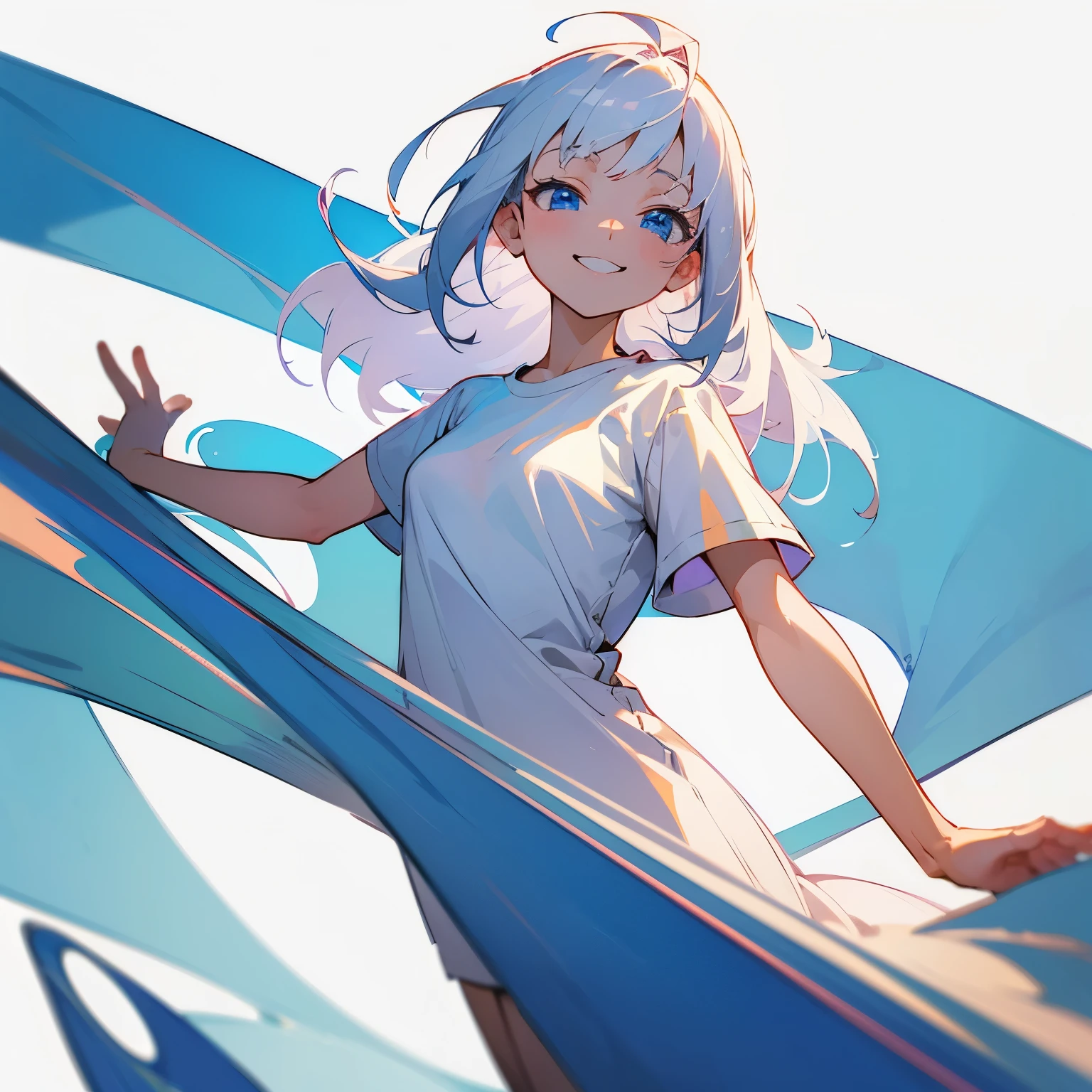 masterpiece, exquisite, beautiful, best quality, woman, semi long, white hair, blue eyes, fair skin, 20-year-old, kawaii, cel anime, from front, white background, no background, looking ahead, flat background, headshot, 4K, jitome, t-shirt, high quality, cheerful grin, wide view, delightful