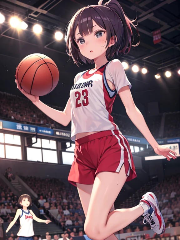 masterpiece、highest quality、High resolution、Very detailed、Medium wide shot、Girl、Short sleeve、Shorts、Tank top、Bib number、basketball、Jumping、shoot、gym、Sweat、Spectators、