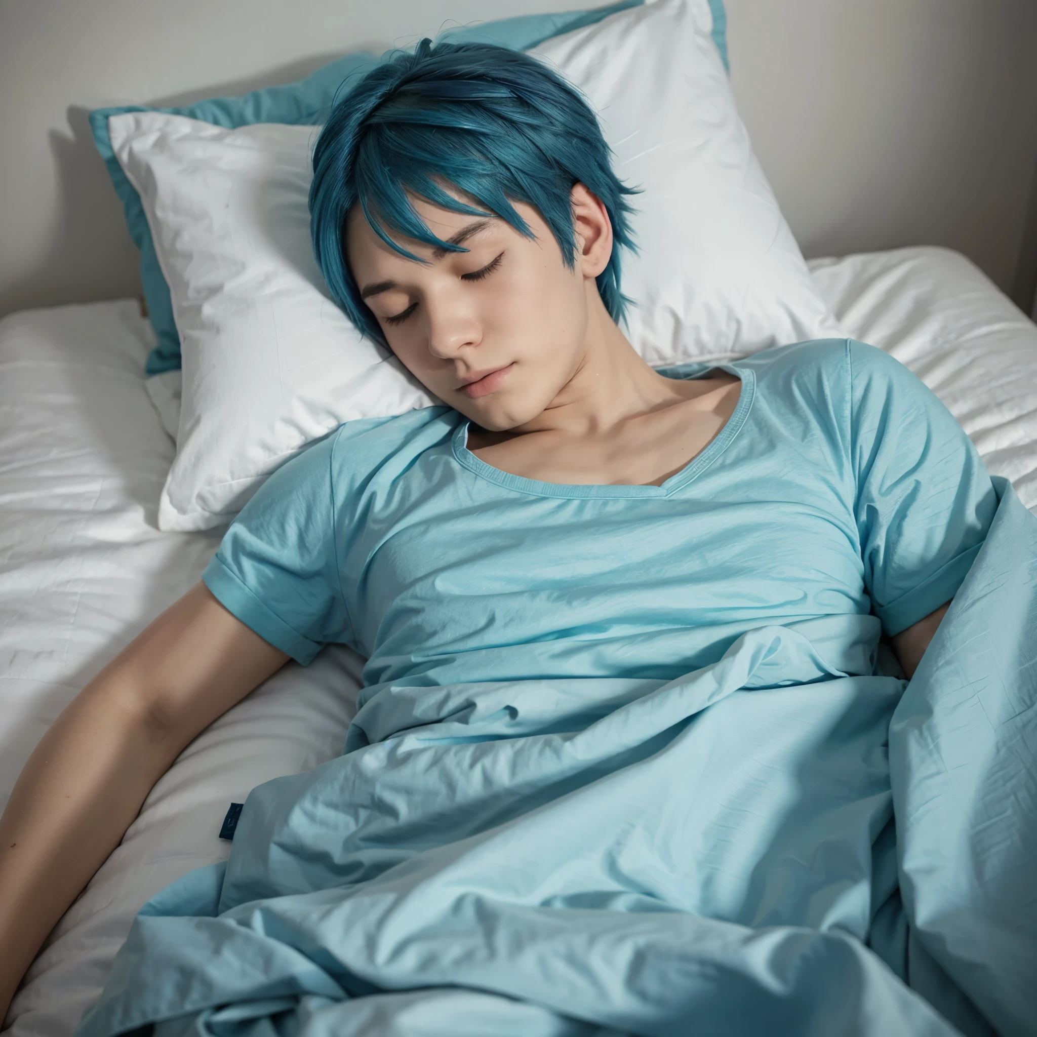 Anime boy with blue hair sleeping