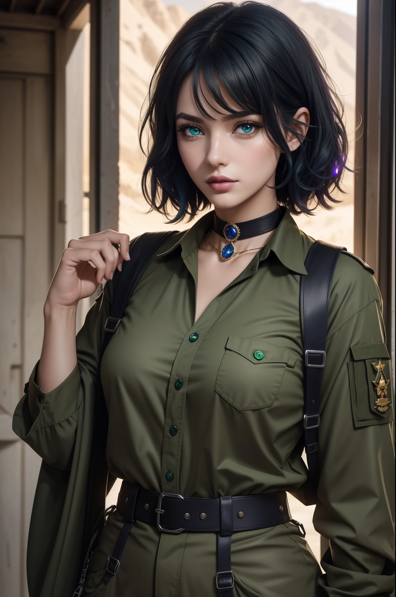 {{{{{masterpiece, best quality, official art, 8k, high resolution illustration}}}}}, {{{{{{extremely detailed, detailed face, intricate details, lush detail, insanely detailed face, heterochromia}}}}}}, glowing eyes, green eyes, red eyes, {{{cinematic lighting, natural light}}}, 1girl, {{serious}}, {{{{sunny}}}}, {military camp}, desert sand, standing in desert, {army uniform, green shirt}, solo, military jacket, {military uniform:1.3}, {{{shoulder straps}}}, US military uniform, {{{dark blue hair}}}, {{disheveled hair}}, {{high detailed big crystal on the choker}}, {{{purple lips}}}, {lipstick on the lips}, mascara, {{{{disheveled hair}}}}, short hair, small breasts, nose, green camo pants, legs, full body, perfect hands, perfect eyes, perfect fingers