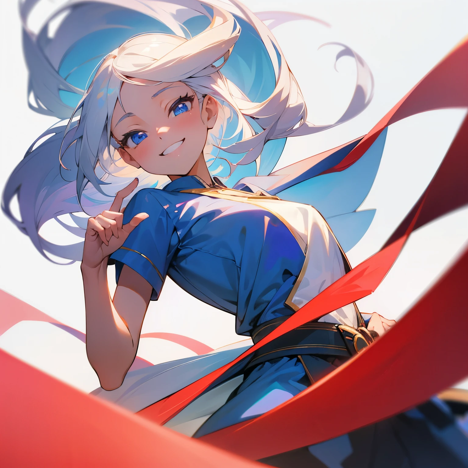 masterpiece, exquisite, beautiful, best quality, woman, semi long, white hair, blue eyes, fair skin, 20-year-old, kawaii, cel anime, from front, white background, no background, looking ahead, flat background, headshot, 4K, jitome, t-shirt, high quality, cheerful grin, wide view, delightful