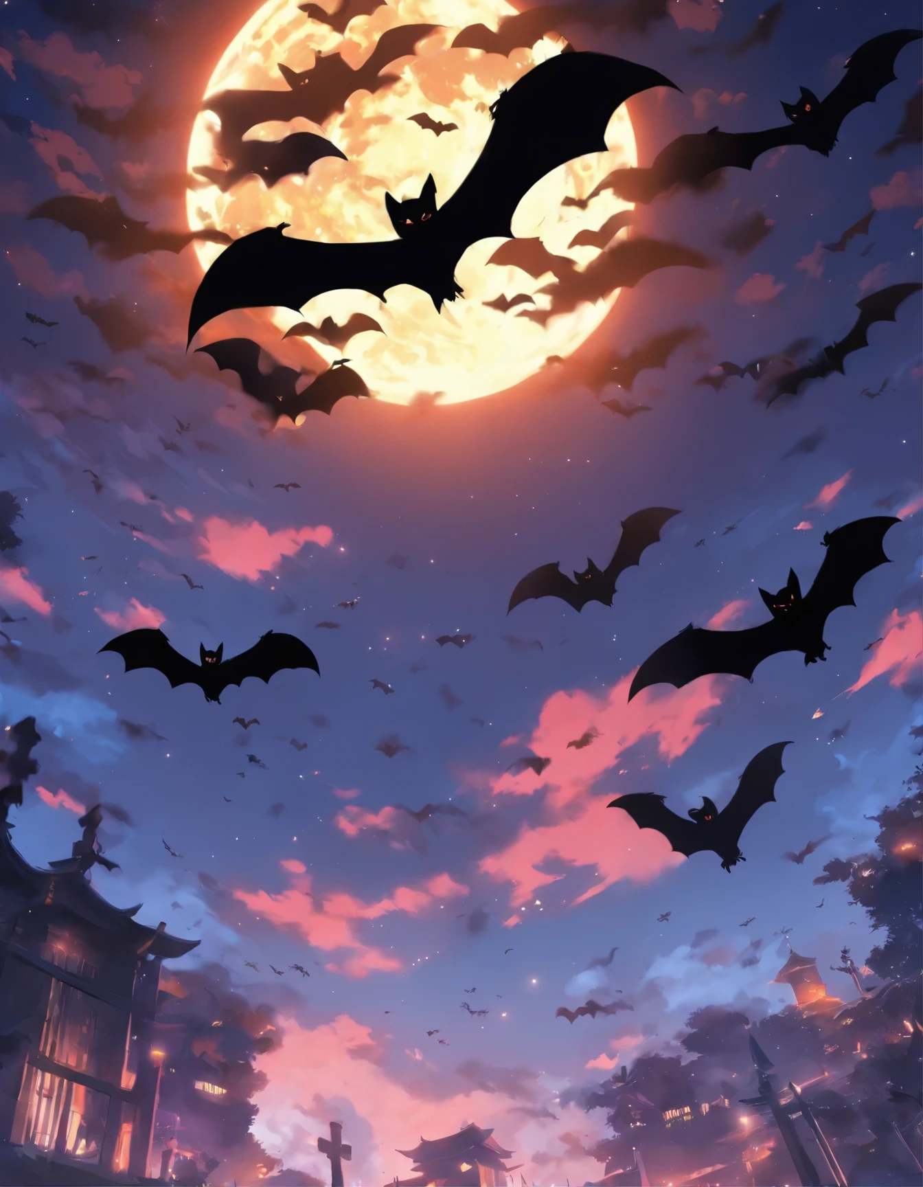 Black bats flying in the moonlight.