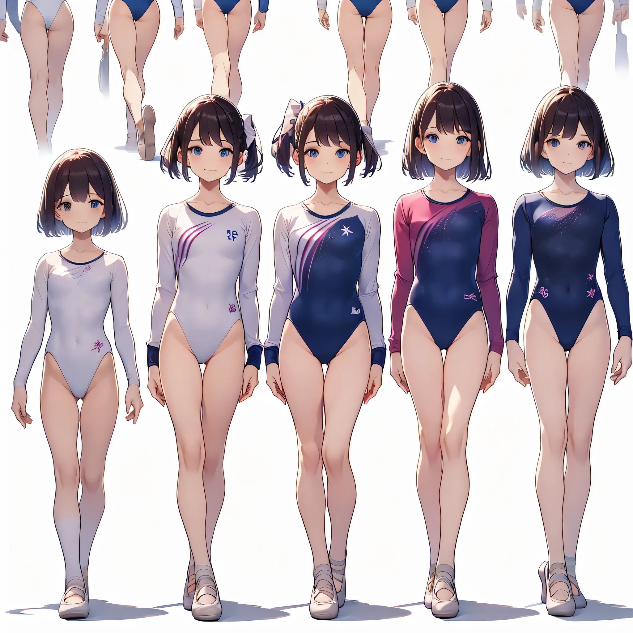Gymnastics club,(4 girls:1.3),(long sleeves leotard:1.3),full body, bob cuts hair, long hair, (over , under 19 years old:1.2), ballet shoes, white background