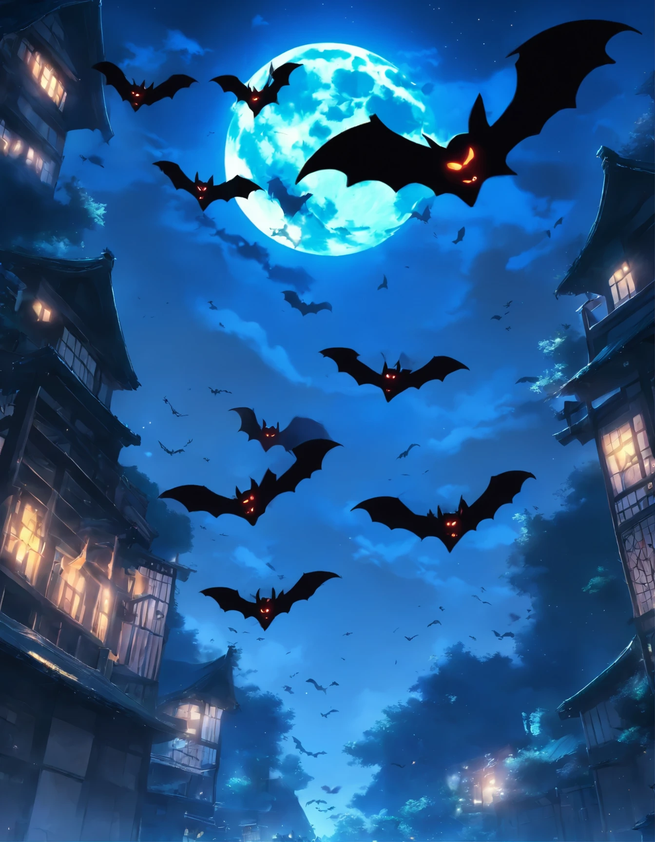 Black bats flying in the moonlight.