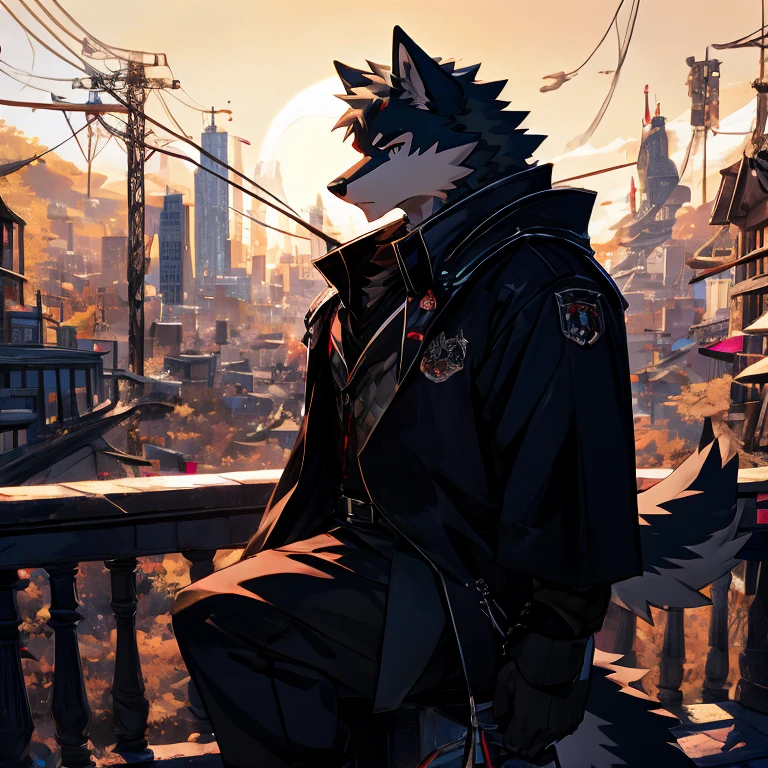anime - style picture of a wolf man sitting on a ledge with a night city in the background, lofi artstyle, anime style 4 k, inspired by Liam Wong, anime style. 8k, 4k anime wallpaper, anime art wallpaper 8 k, 2 d art, 2d art, badass anime 8 k, by Yuumei, anime art wallpaper 4k, (Wolf Tail)