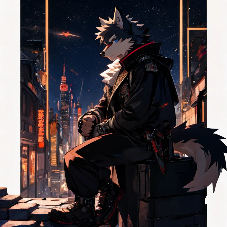 anime - style picture of a wolf man sitting on a ledge with a night city in the background, lofi artstyle, anime style 4 k, inspired by Liam Wong, anime style. 8k, 4k anime wallpaper, anime art wallpaper 8 k, 2 d art, 2d art, badass anime 8 k, by Yuumei, anime art wallpaper 4k, (Wolf Tail)