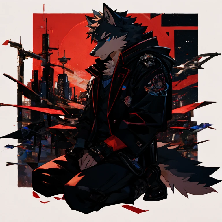 anime - style picture of a wolf man sitting on a ledge with a night city in the background, lofi artstyle, anime style 4 k, inspired by Liam Wong, anime style. 8k, 4k anime wallpaper, anime art wallpaper 8 k, 2 d art, 2d art, badass anime 8 k, by Yuumei, anime art wallpaper 4k, (Wolf Tail) 