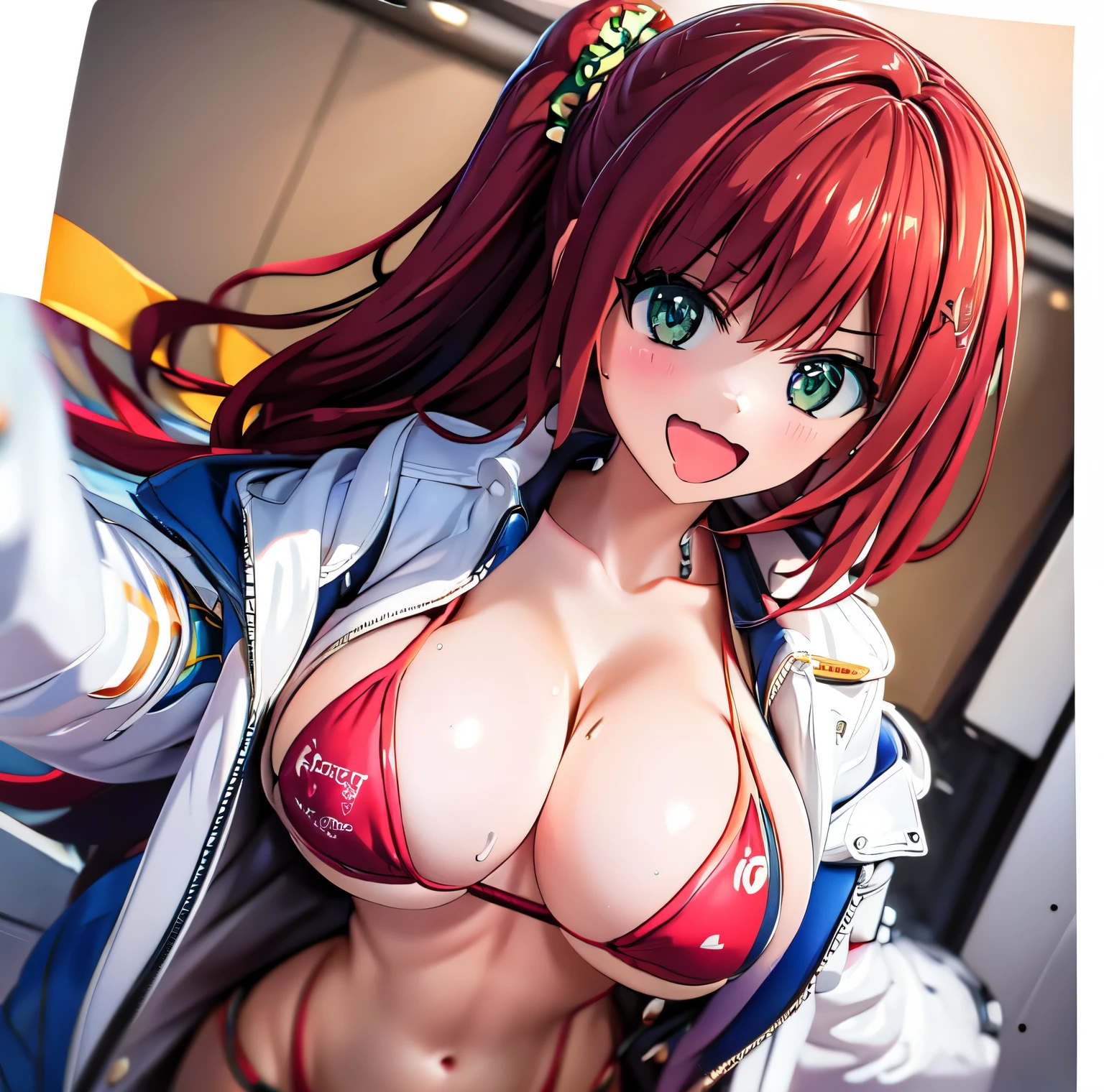 best quality, masterpiece, extremely detailed CG, official art , professional lighting, sakimiyairuka, red hair, green eyes,(one side up), medium hair, side ponytail, green scrunchie, hair ornament, perfect face, shiny skin, bikini, from below