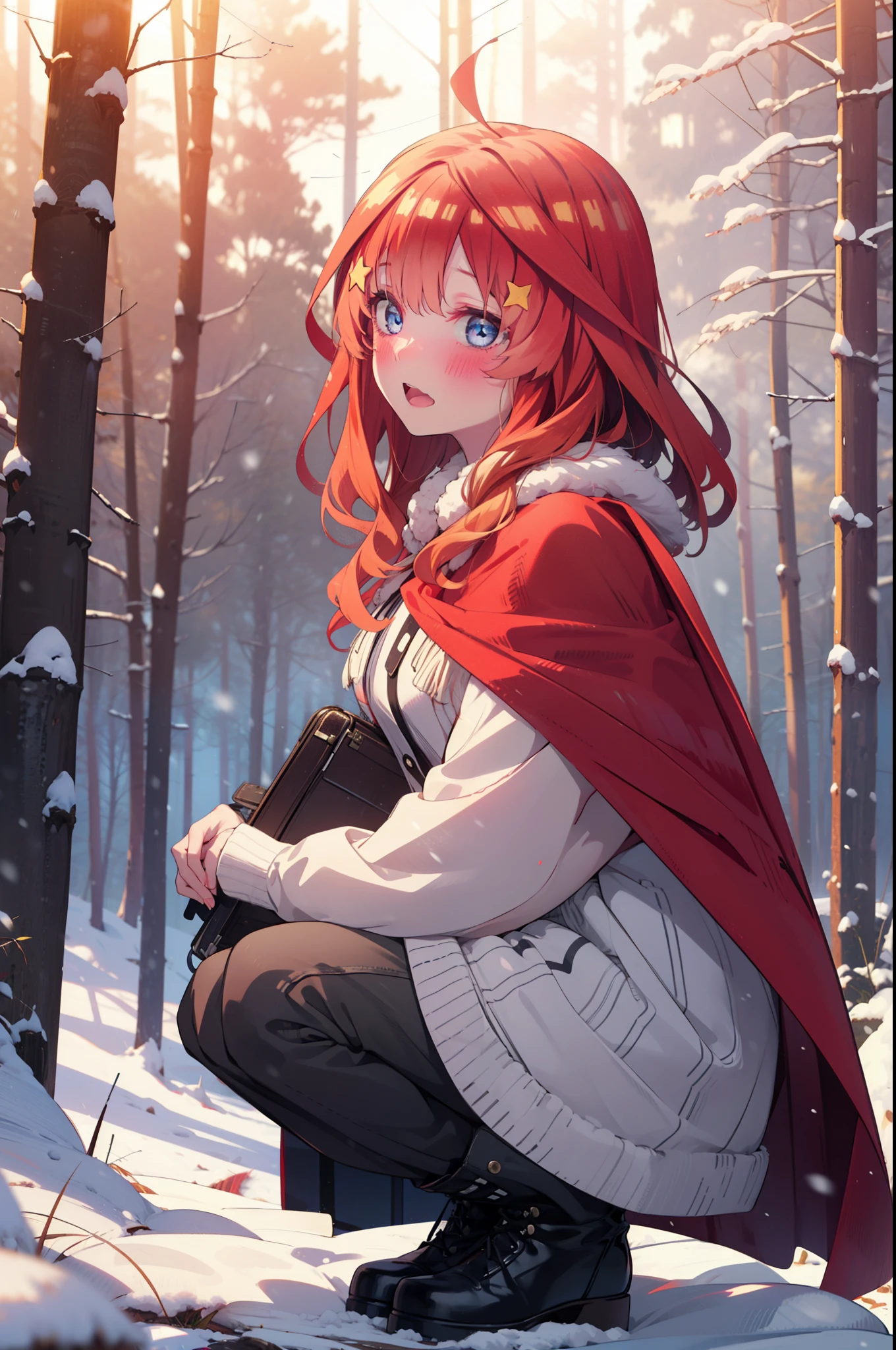 itsukinakano, Itsuki Nakano, bangs, blue eyes, Hair between the eyes, Ahoge, Redhead, star \(symbol\), hair ornaments, star hair ornaments,smile,blush,White Breath,
Open your mouth,snow, fire, Outdoor, boots, snowing, From the side, wood, suitcase, Cape, Blurred, Increase your meals, forest, White handbag, nature, Squat, Mouth closed, フードed Cape, winter, Written boundary depth, Black shoes, red Cape break looking at viewer, Upper Body, whole body, break Outdoor, forest, nature, break (masterpiece:1.2), highest quality, High resolution, unity 8k wallpaper, (shape:0.8), (Beautiful and beautiful eyes:1.6), Highly detailed face, Perfect lighting, Extremely detailed CG, (Perfect hands, Perfect Anatomy),