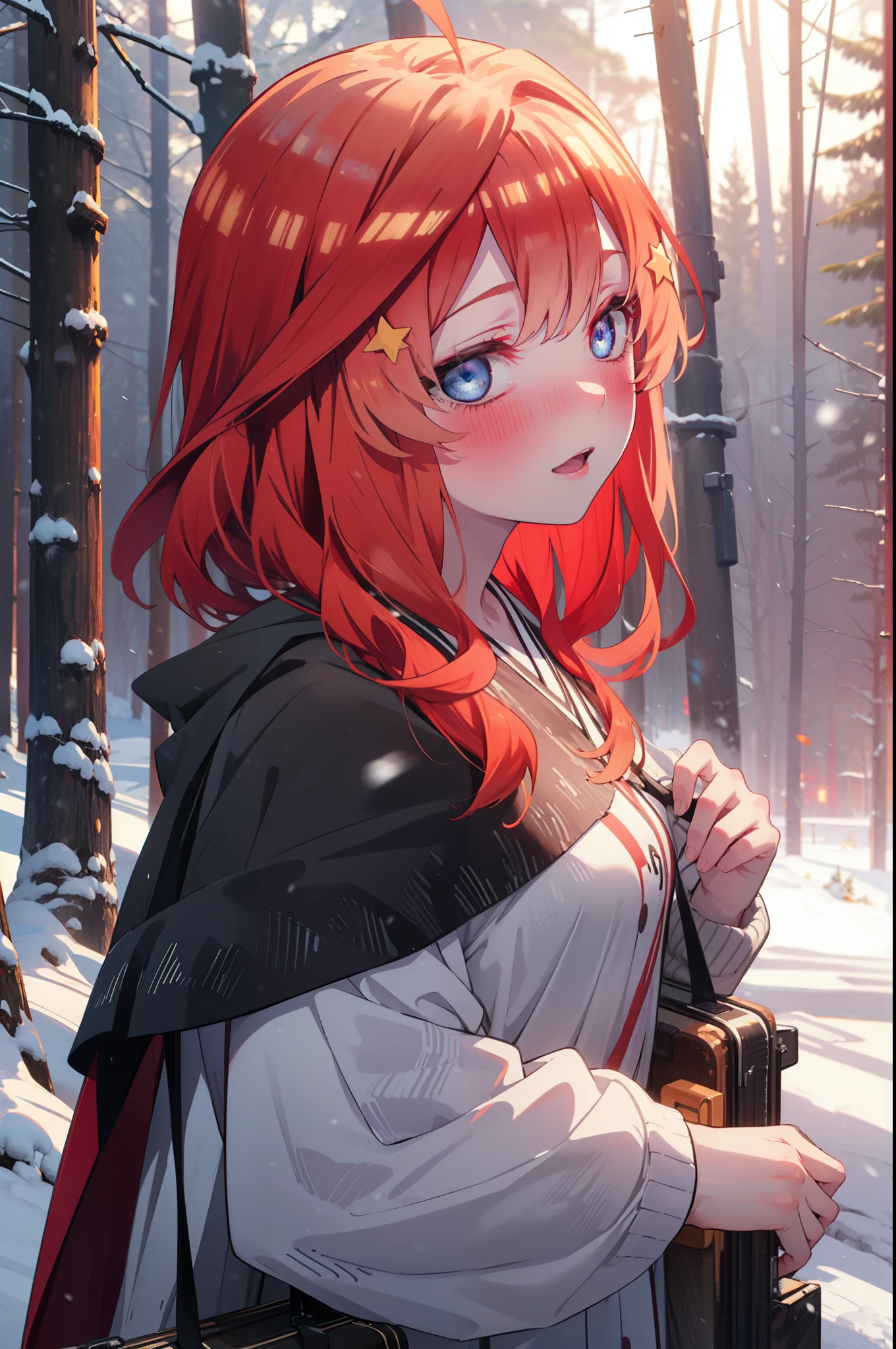 itsukinakano, Itsuki Nakano, bangs, blue eyes, Hair between the eyes, Ahoge, Redhead, star \(symbol\), hair ornaments, star hair ornaments,smile,blush,White Breath,
Open your mouth,snow, fire, Outdoor, boots, snowing, From the side, wood, suitcase, Cape, Blurred, Increase your meals, forest, White handbag, nature, Squat, Mouth closed, フードed Cape, winter, Written boundary depth, Black shoes, red Cape break looking at viewer, Upper Body, whole body, break Outdoor, forest, nature, break (masterpiece:1.2), highest quality, High resolution, unity 8k wallpaper, (shape:0.8), (Beautiful and beautiful eyes:1.6), Highly detailed face, Perfect lighting, Extremely detailed CG, (Perfect hands, Perfect Anatomy),