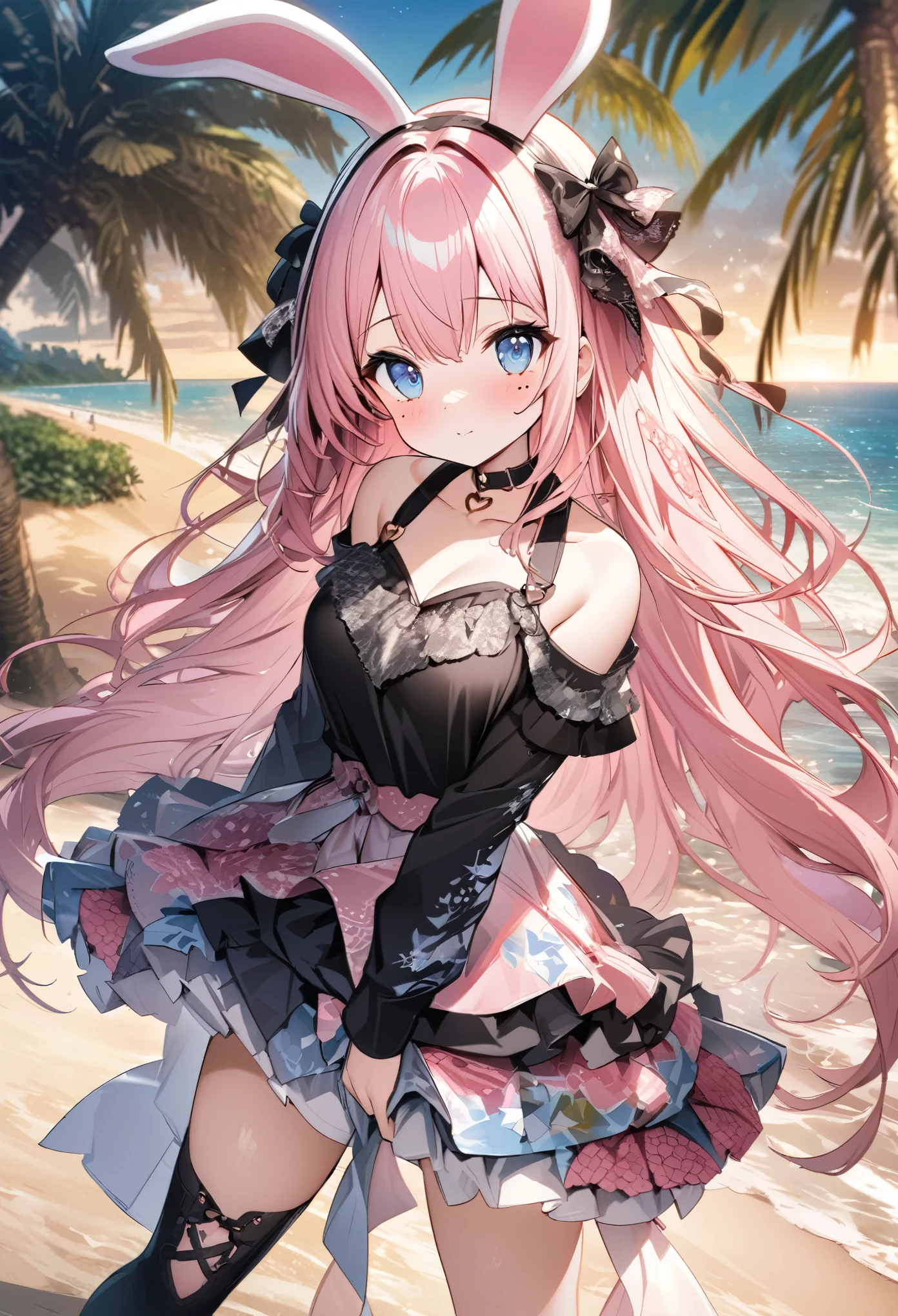 Black jumper with bunny ears、Pink patterned mini skirt、Knee-high boots、Pink long hair girl、Beautiful blue eyes anime girl、Mole under eye、Heart-shaped choker、Seaside、Palm tree、Hawaii、Standing posture、Staring at the audience、Computer Graphics Art、High resolution、highest quality、whole body、8K Character Concept、32k、Pixiv、An illustration、 Super detailed、Super detailedな顔、Megapixels、 Super detailedなHDR、clear、Overdecoration