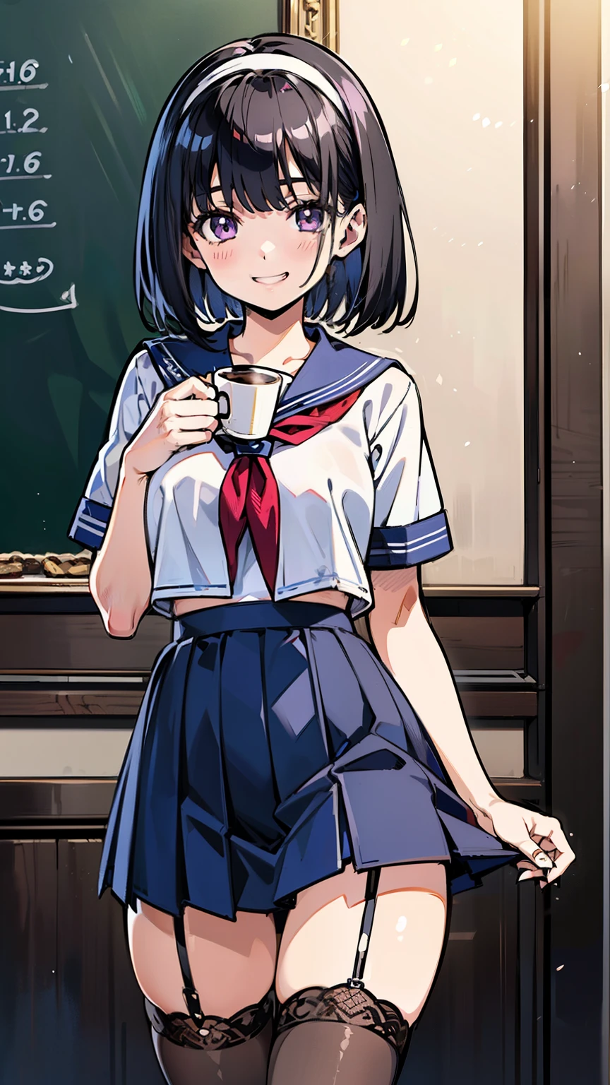 sailor uniform, sailor suit, one woman, (A beauty woman, Delicate high school girl:1.3), 8K, highest quality, masterpiece, Very detailed, Ultra-high resolution, Realistic, RAW Photos, Absolute Resolution, Black Hair, Bobcut, Small face compared to body, Very small face, Black Hair, ((Navy blue sailor suit)), Navy Blue Skirt, High school girl in sailor suit, 2D Rendering of Anime, Realistic若いアニメの女子高生, , ((White headband)), Small breasts, tall, Slanted Eyes, Purple Eyes, Black Stockings, garter belt, ttoothy grin, Private room, (Hold a coffee cup in your right hand Hold a cookie in your left hand:1.3), Top-down position, Open your mouth, smile,