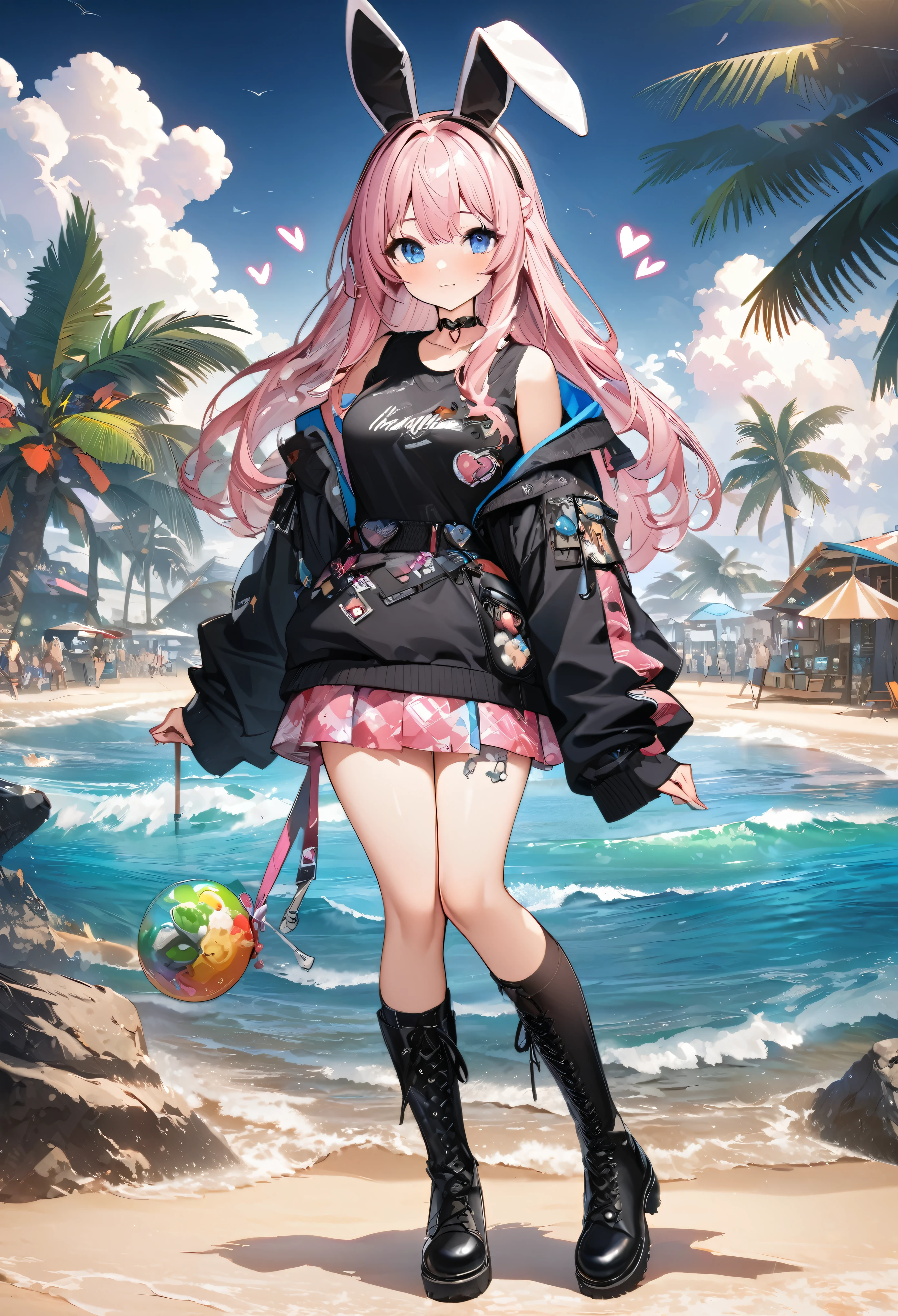 Black jumper with bunny ears、Pink patterned mini skirt、Knee-high boots、Pink long hair girl、Beautiful blue eyes anime girl、Mole under eye、Heart-shaped choker、Seaside、Palm tree、Hawaii、Standing posture、Staring at the audience、Computer Graphics Art、High resolution、highest quality、whole body、8K Character Concept、32k、Pixiv、An illustration、 Super detailed、Super detailedな顔、Megapixels、 Super detailedなHDR、clear、Overdecoration
