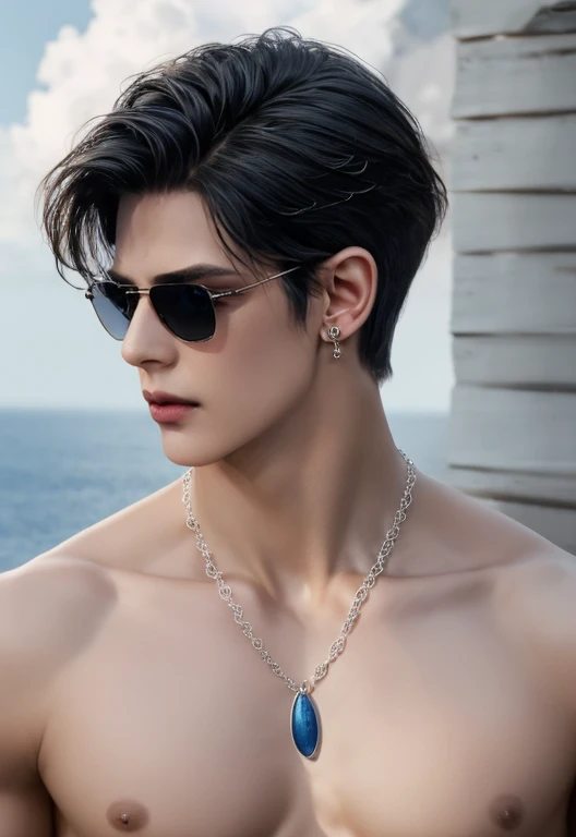 (masterpiece,best quality,ultra_detailed,highres,absurdres),1 mature male, 30-ish, (wide shoulder), ((no chest hair)), male focus, solo, short black Quiff hair with Soft Fringe (bangs part on side 3:7 ratio), simple background, blue eyes, full body, short hair, looking at viewer, parted lips, round eyewear, wet hair, shirtless, naked with exposed vagina, muscular and slim, with earrings and necklace, with sunglasses, bedroom background. Sexy, mature sex. Romantic sex, with shoes