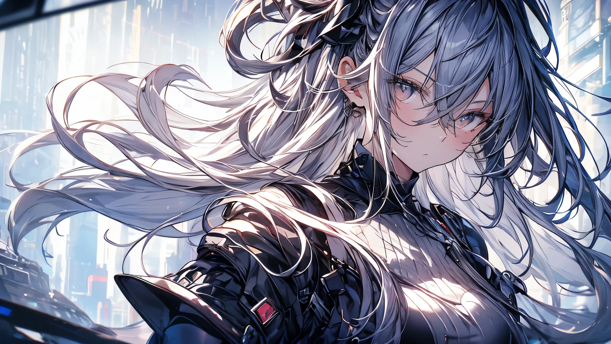 masterpiece, highest quality, (alone focus), (Perfect Face:1.1), (Attention to detail:1.1),dramatic, 1 person, (Pale skin), Long white hair, White eyes, [Thin eyebrows], alone, Long Hair, moon, night, White luxury suit, Covered navel, Pouting, Covered, Future City, Detailed Background, art：artgerm と greg rutkowski, Cinema Lighting, rose, fashion, Balenciaga Style,Cyberpunk City,Close-up face