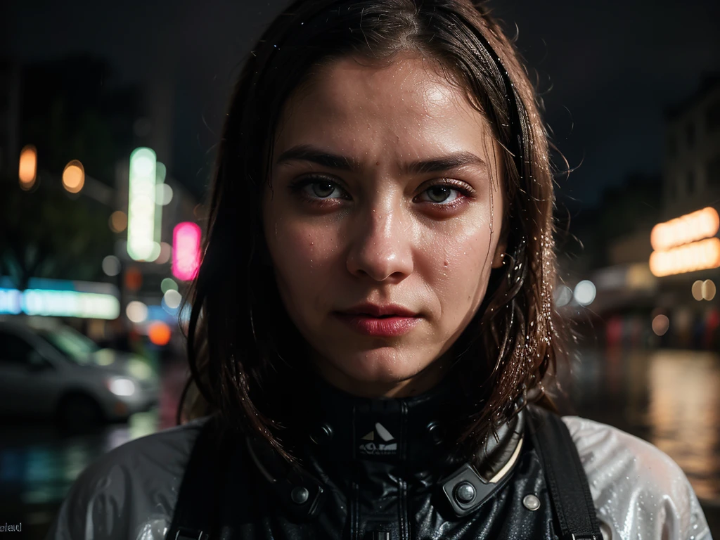 Create a professional, ultra-realistic 8K image of a futuristic female cyborg in a rain-soaked setting. The subject is depicted with highly detailed mechanical and electronic headgear, surrounded by a vibrant atmosphere of magenta and reddish LED lights. Her face, marked by serene yet intense features, is realistically wet, with raindrops cascading down her skin, reflecting the colorful lights around her. The background features blurred, glowing LED lights in a dynamic array of cool and warm hues, adding depth and a moody ambiance to the scene. The image captures the interplay of light and water on advanced technology, portraying a dramatic and visually stunning moment of a cyborg in a rainy urban environment., multicolored eyes, x-shaped pupils, cinematic lighting, lens flare, Sony FE GM, Hasselblad, UHD, masterpiece, super detail, high quality, 1080P, 4K