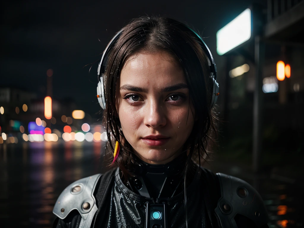 Create a professional, ultra-realistic 8K image of a futuristic female cyborg in a rain-soaked setting. The subject is depicted with highly detailed mechanical and electronic headgear, surrounded by a vibrant atmosphere of magenta and reddish LED lights. Her face, marked by serene yet intense features, is realistically wet, with raindrops cascading down her skin, reflecting the colorful lights around her. The background features blurred, glowing LED lights in a dynamic array of cool and warm hues, adding depth and a moody ambiance to the scene. The image captures the interplay of light and water on advanced technology, portraying a dramatic and visually stunning moment of a cyborg in a rainy urban environment., multicolored eyes, x-shaped pupils, cinematic lighting, lens flare, Sony FE GM, Hasselblad, UHD, masterpiece, super detail, high quality, 1080P, 4K