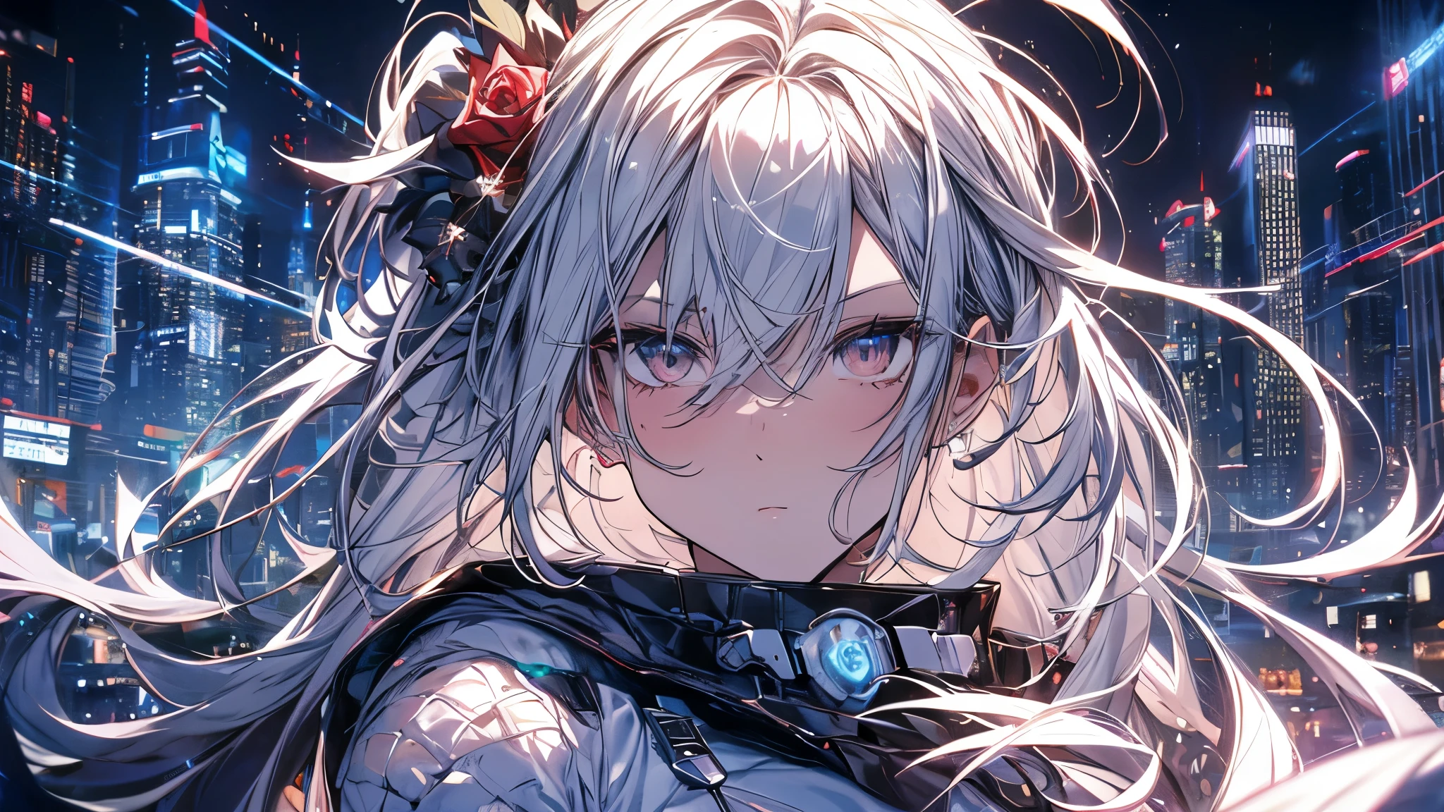 masterpiece, highest quality, (alone focus), (Perfect Face:1.1), (Attention to detail:1.1),dramatic, 1 person, (Pale skin), Long white hair, White eyes, [Thin eyebrows], alone, Long Hair, moon, night, White luxury suit, Covered navel, Pouting, Covered, Future City, Detailed Background, art：artgerm と greg rutkowski, Cinema Lighting, rose, fashion, Balenciaga Style,Cyberpunk City,Close-up face