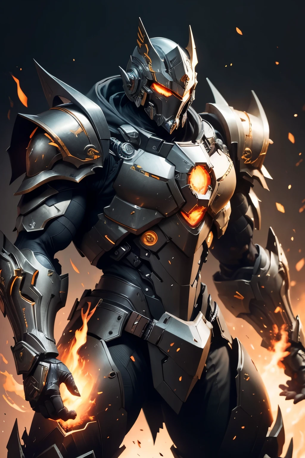 Top Quality Male Machine Warrior,Super macho body、Armor-like appearance、intricate mask,Complex technical exoskeletons,Fully wrapped helmet,Heavy weapons on the back,A sense of the technology of the future,His armor is black with gold trim,Futuristic and technological,the background reflects a battle, flames are blazing, Templar knight, Crusader,action pose,