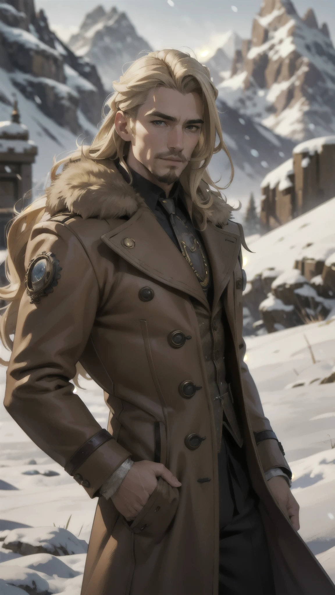 steampunk man, long blonde hair, blonde goatee, brown fur coat, detailed face, early morning, snowy mountains, depth of field, blurry background
