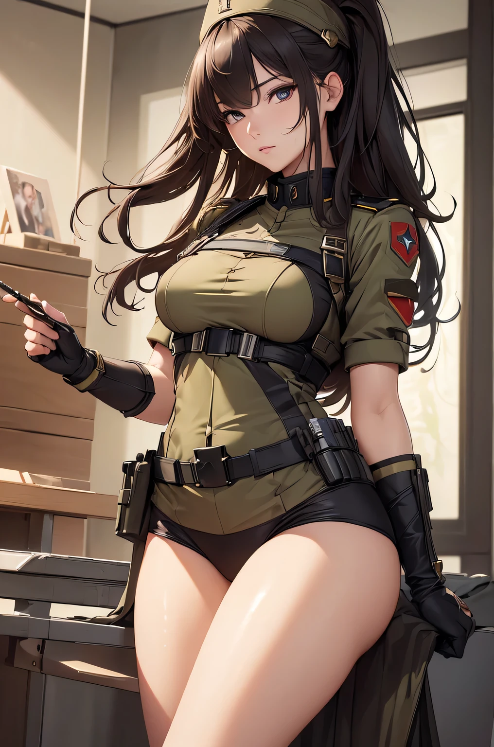 (((masterpiece))),(((High resolution)))、(((8K)))、(((Beautiful woman soldier))), thighs, ((top quality eyes)), (detailed face), (detailed texture), look at the camera