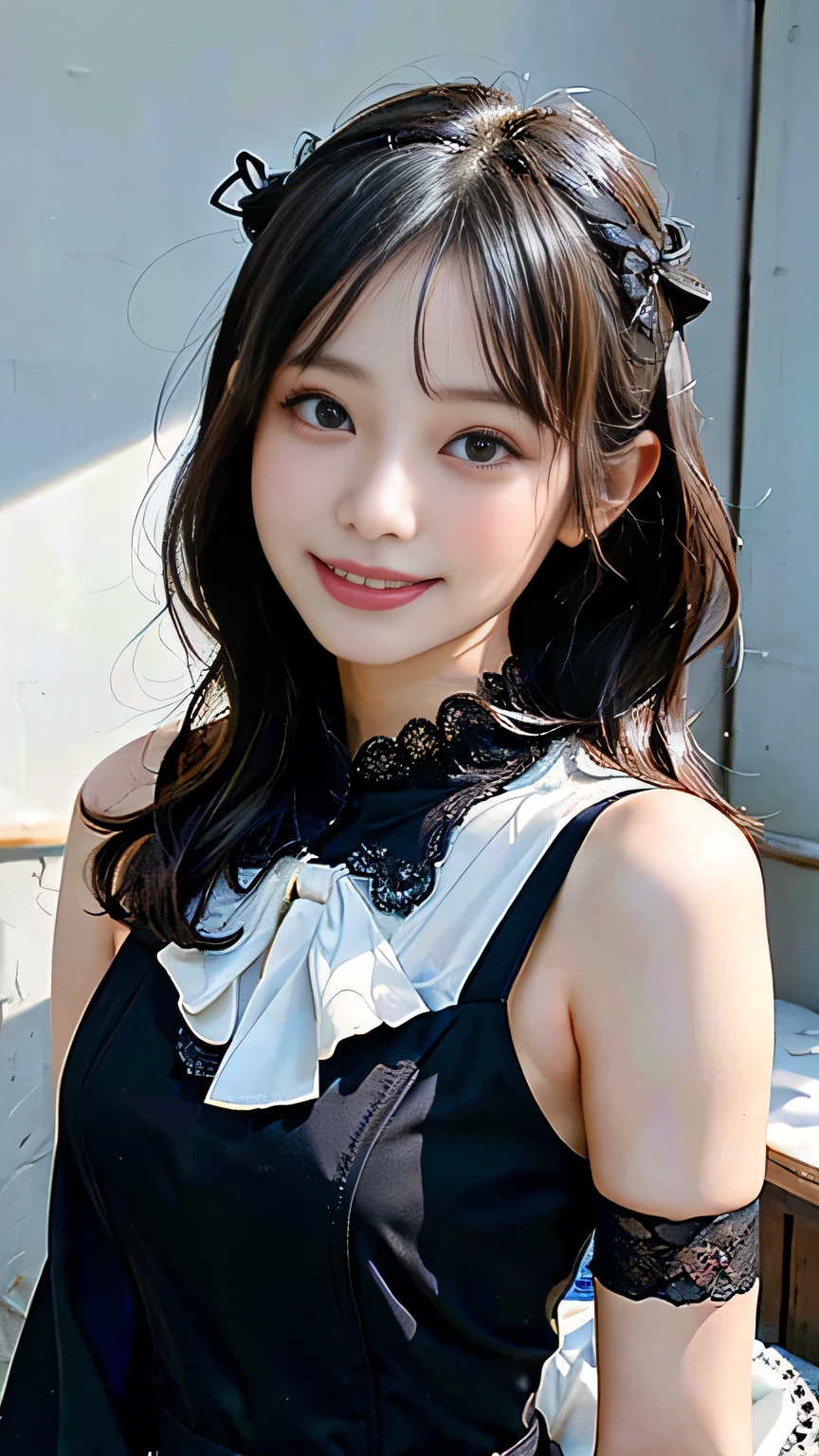 (highest quality、32k、masterpiece、Ticker:1.2)、One woman、((Beautiful Japanese Women))、(Beautiful girl)、Narrow waist、Black dress with lace collar、20-year-old、A white room bathed in the morning sun、(Cute pose:1.2)、(smile:1.5)、(Smile at someone you like:1.5)