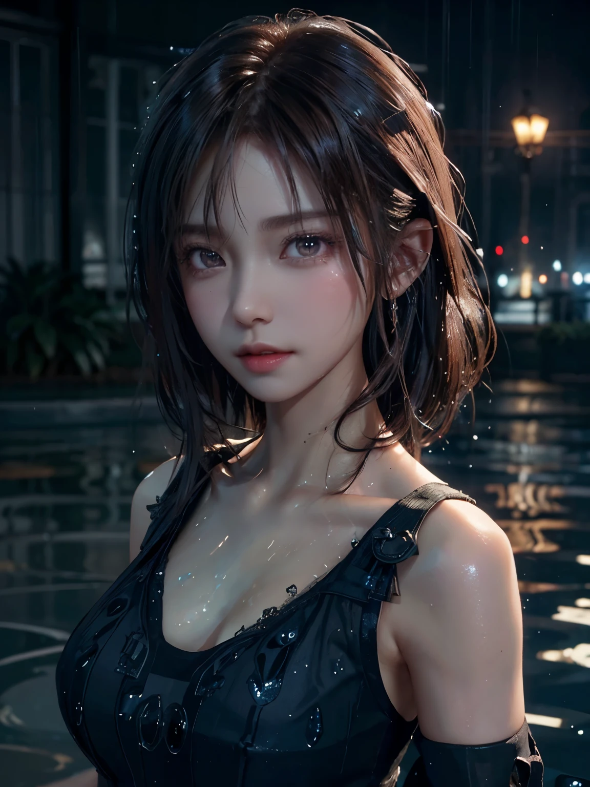 girl, rain, night, (dancing:1.3), fantasy, (water drop:1.3), ink drop, high detailed eye, high qulaity pupil, double eyelid, brown hair, short hair, high detailed real skin, high quality skin, sweaty skin, wet skin, open clothes, professional lighting, real shadow, masterpiece,