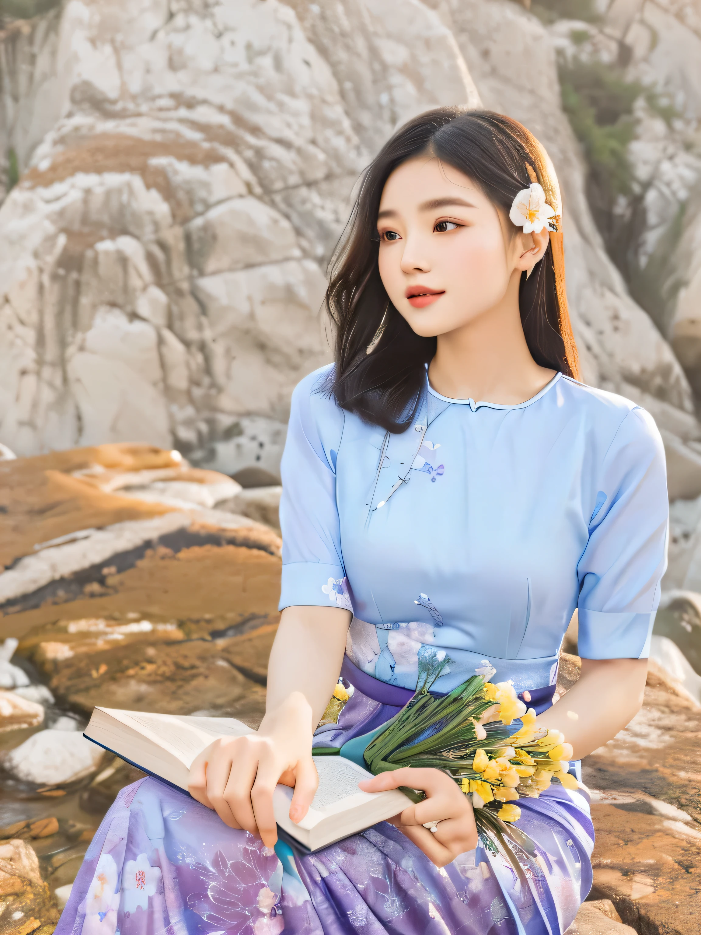 arafed woman sitting on a rock with a book and flowers, a cute young woman, in style of lam manh, a young asian woman, wearing a blue qipao dress, nivanh chanthara, in a blue qipao, an asian woman, young asian girl, casual clothing style, vietnamese woman, fanart, young and cute girl, chinese girl