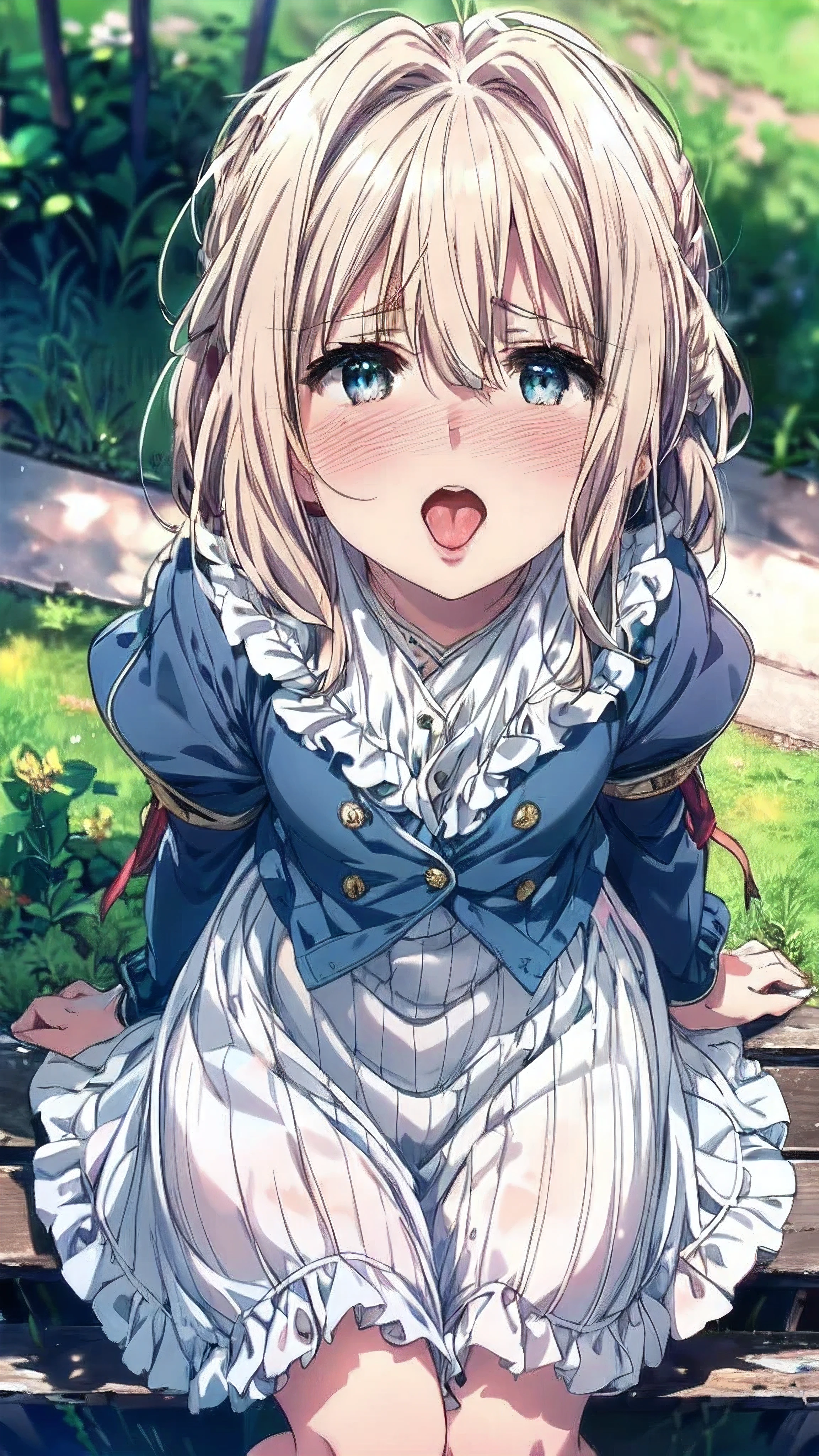 (Ultra-high resolution of the highest quality, masutepiece, Best Quality, 8K, Super Detail, Best Quality:1.3), (1 girl:2), (smallbody:2), (tiny body:2), (Loli:2), (flat chest:1.1), (petite body:2), (small build:2), (slender body:1.1), (drooping eyes:1.2), (blush cheek:1.2), front view, beautiful hair, beautiful face, beautiful eyes, beautiful body, beautiful hands, (white frilled dress, blue jacket:1.4), (orgasm:1.4), (half closed eyes:1.1), (face focus:1.6), (from above:1.6), looking up, open mouth, (long tongue:1.1), outdoor, park, sitting swing, (face shot:1.6)