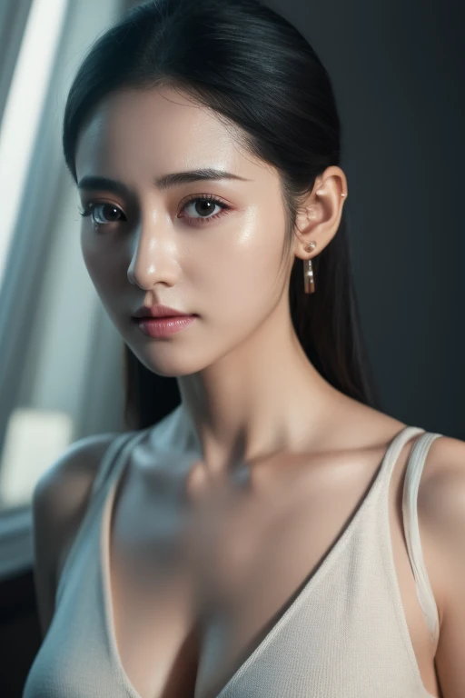 highres,4k,HDR,1girl, photorealistic, realistic,sweat skin, thin face,yangmi,heavy makeup, standing,(((half body))), medium breasts,earing ,