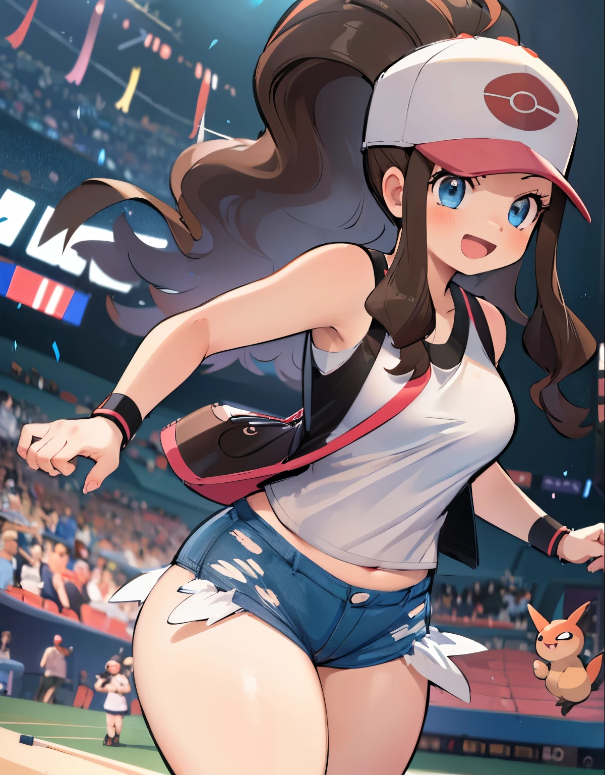 (best quality, highres, masterpiece:1.2), ultra-detailed, realistic:1.37, sketches, hilda pokemon, def1, curvy, visible thighs, chubby thighs, thighs in the foreground, body shape, loved look, smile, open mouth, encanto femenino,  in a stadium, dinamic pose