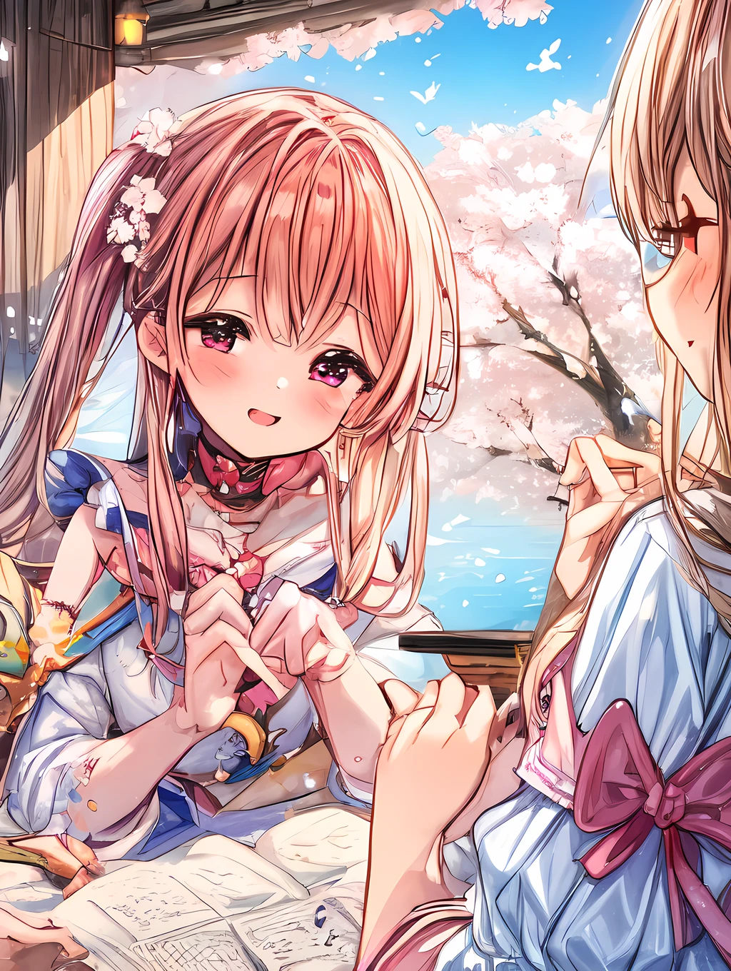 Write a story about a group of girls having a cherry blossom viewing party with a nightingale, seen from the perspective of the bird.