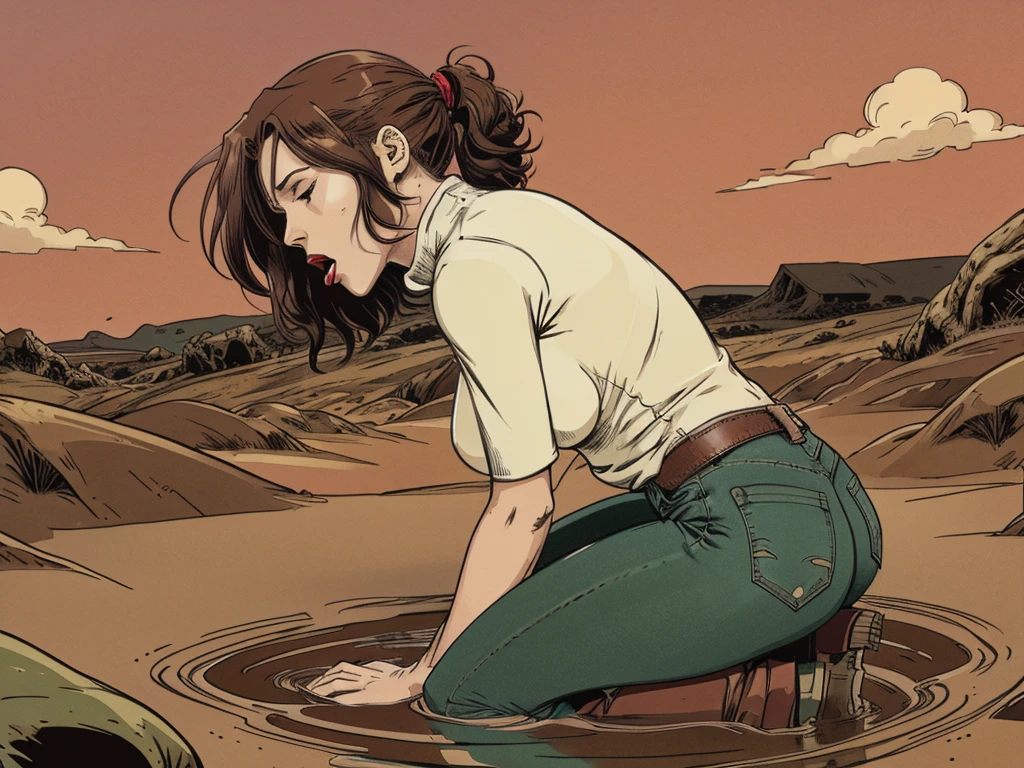 vector image, anime, mature  woman, gloomy orgasm, turtleneck and jeans, drowning in the middle of quicksand bog, green,red,sky, red lips, turns around, from side view