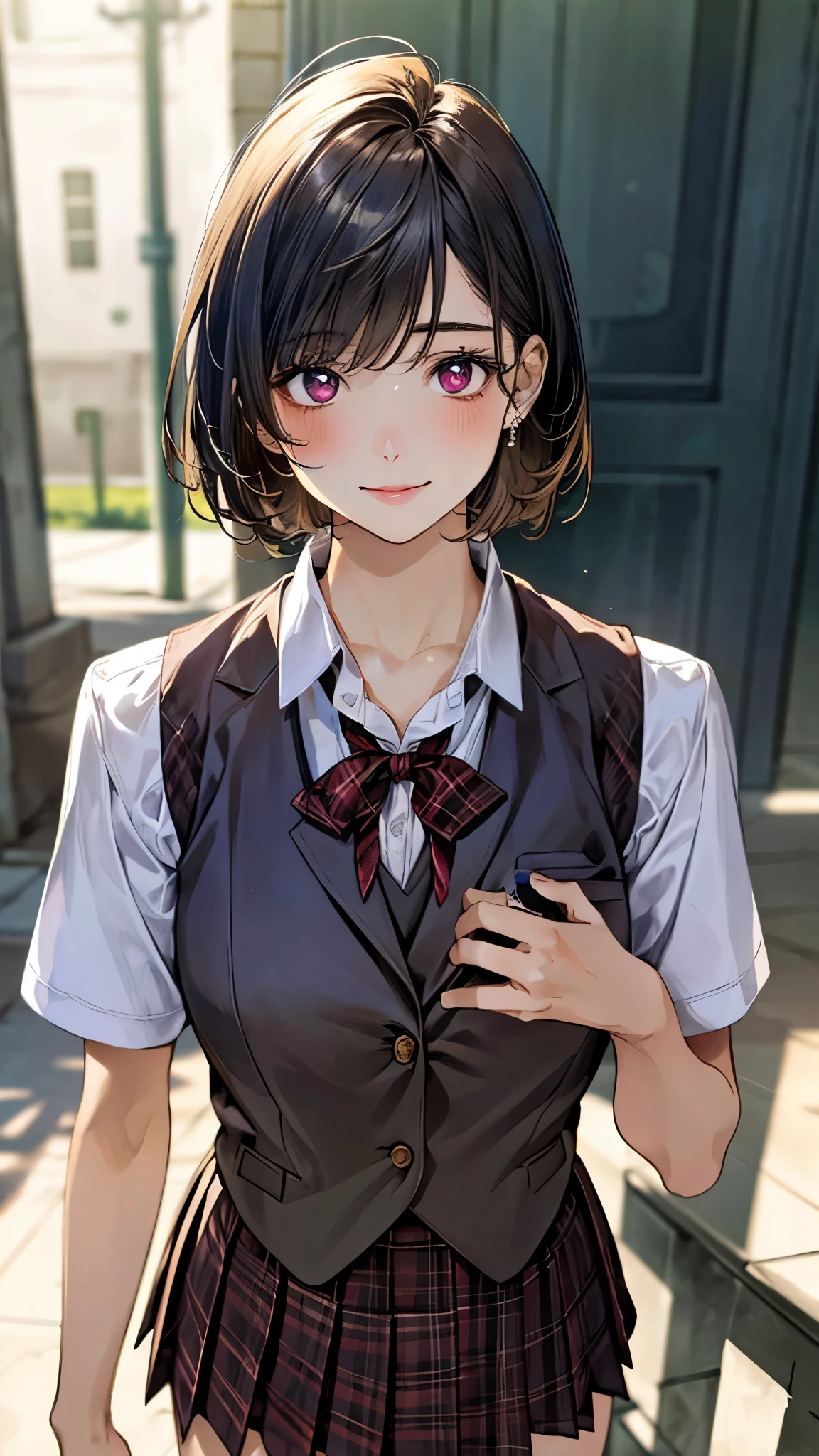(masterpiece:1.3, top-quality, ultra high res, ultra detailed), (realistic, photorealistic:1.4), beautiful illustration, perfect lighting, natural lighting, colorful, depth of fields, surrealism,
beautiful detailed hair, beautiful detailed face, beautiful detailed eyes, beautiful clavicle, beautiful body, beautiful chest, beautiful thigh, beautiful legs, beautiful fingers, shiny skin,
looking at viewer, 1 girl, japanese, 18 years old, (perfect anatomy, anatomically correct, super detailed skin), cute and symmetrical face, babyface, perfect face, perfect eyes, slender,
(short hair:1.5, straight hair, navy hair), crossed bangs, dark purple eyes, drooping eyes, big eyes, long eye lasher, (large breasts, seductive thighs),
((detailed cloth texture, white collared shirt, break,break, closed brown suit vest, break,break, dark red plaid pleated mini skirt, dark red neck ribbon)),
(beautiful scenery), evening, (outside high school), standing, (lovely smile),