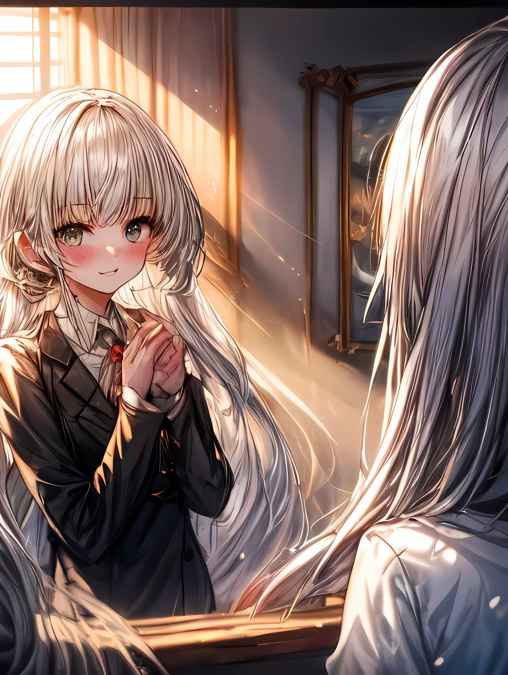 A young woman wearing a suit standing in front of a mirror in a girl's room on a spring morning. The sunlight softly illuminates the room and highlights the woman's.